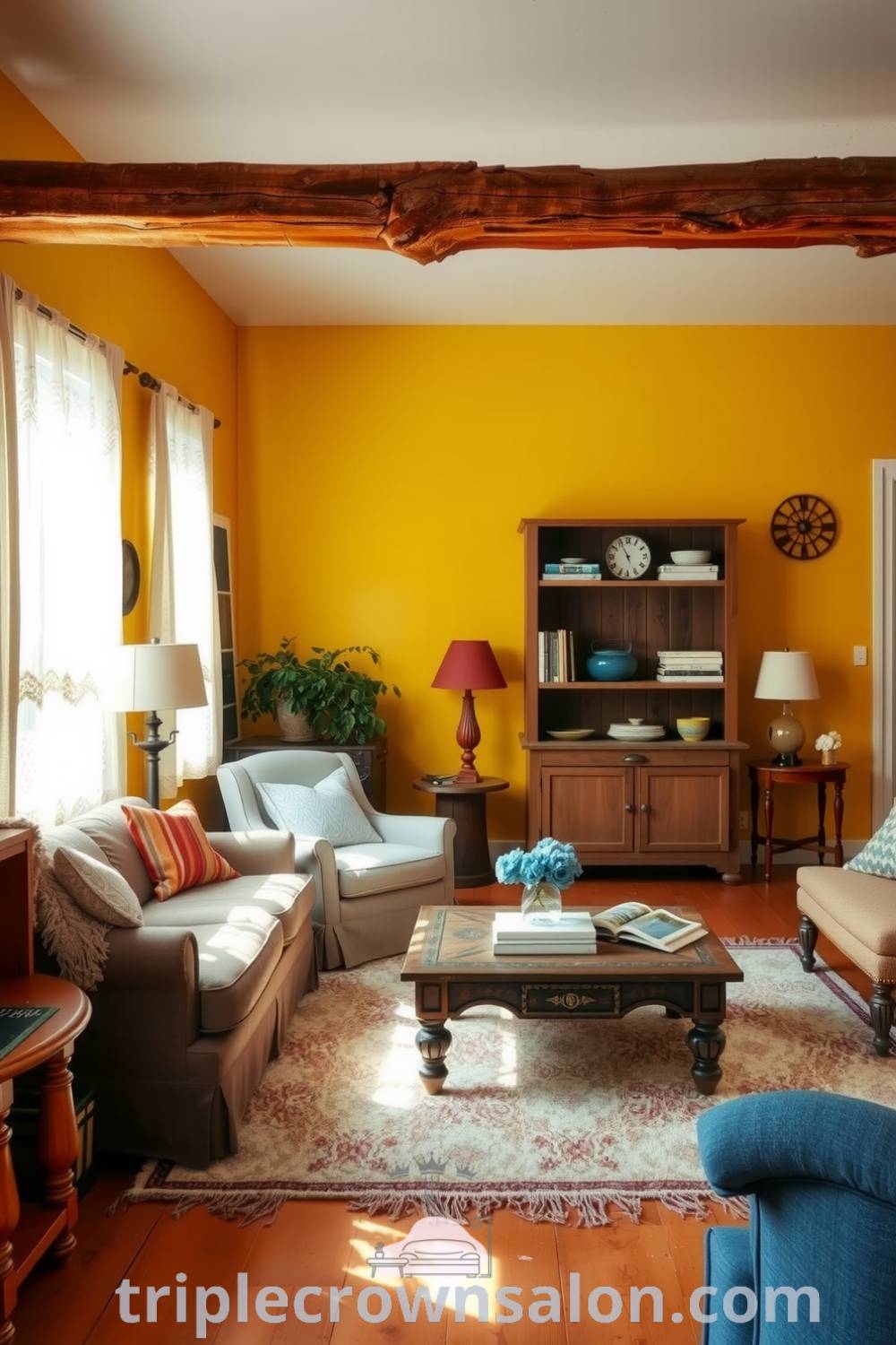 Cozy rustic living room with warm yellow walls, a wooden beam ceiling, mismatched furniture, a plush rug, and sunlight filtering through lace curtains, creating an inviting and warm atmosphere for gatherings. Visit triplecrownsalon.com for more cozy design ideas.