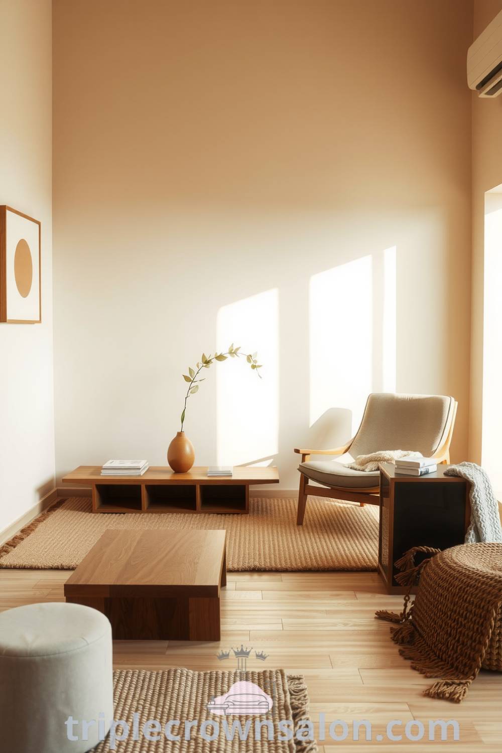 Japandi living room with beige walls, lightly stained wood furniture, woven rugs, a reclaimed timber coffee table, and a sleek armchair, creating a warm and inviting atmosphere perfect for relaxation and gatherings. Visit triplecrownsalon.com for more cozy ideas and decor inspirations.