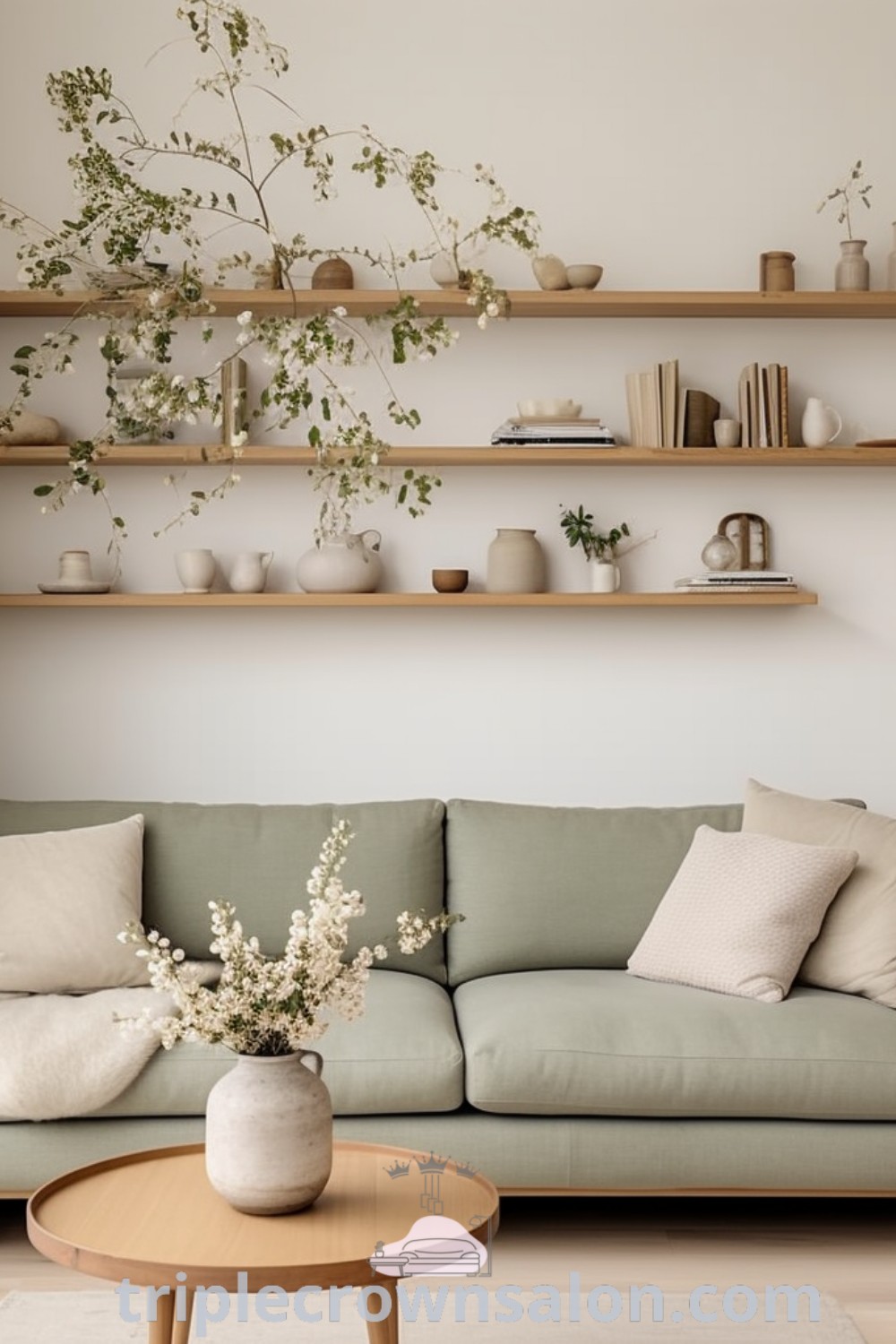 A Japandi living room filled with furniture and plenty of shelves on the wall, showcasing a blend of Japanese and Scandinavian design elements. This cozy aesthetic offers inspiring decor ideas and tips for your home. Explore more design inspirations at triplecrownsalon.com.
