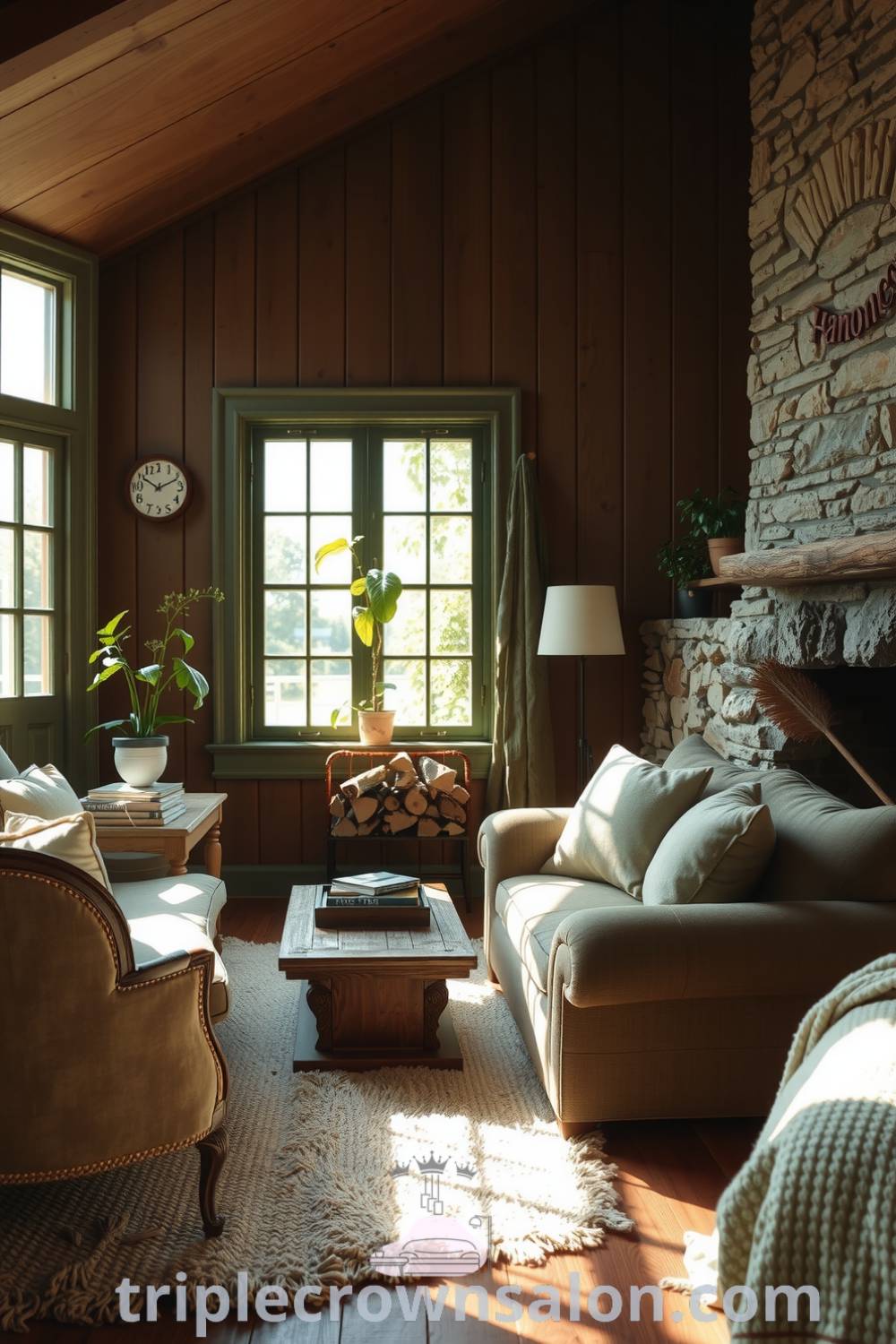 Nature-inspired living room featuring soft organic fabrics in greens and browns, natural wood paneling, a stone fireplace, vintage furniture, and plants, offering cozy decor ideas for a warm and inviting home at triplecrownsalon.com.