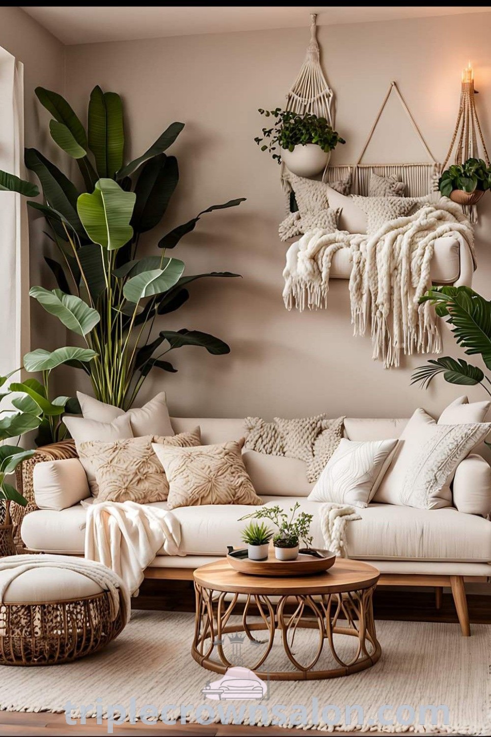 A vibrant boho living room with a white couch, coffee table, and abundant plants, showcasing modern boho decor ideas. This cozy space provides inspiration for earthy living room designs and reflects unique styles for your home. Discover more at triplecrownsalon.com.