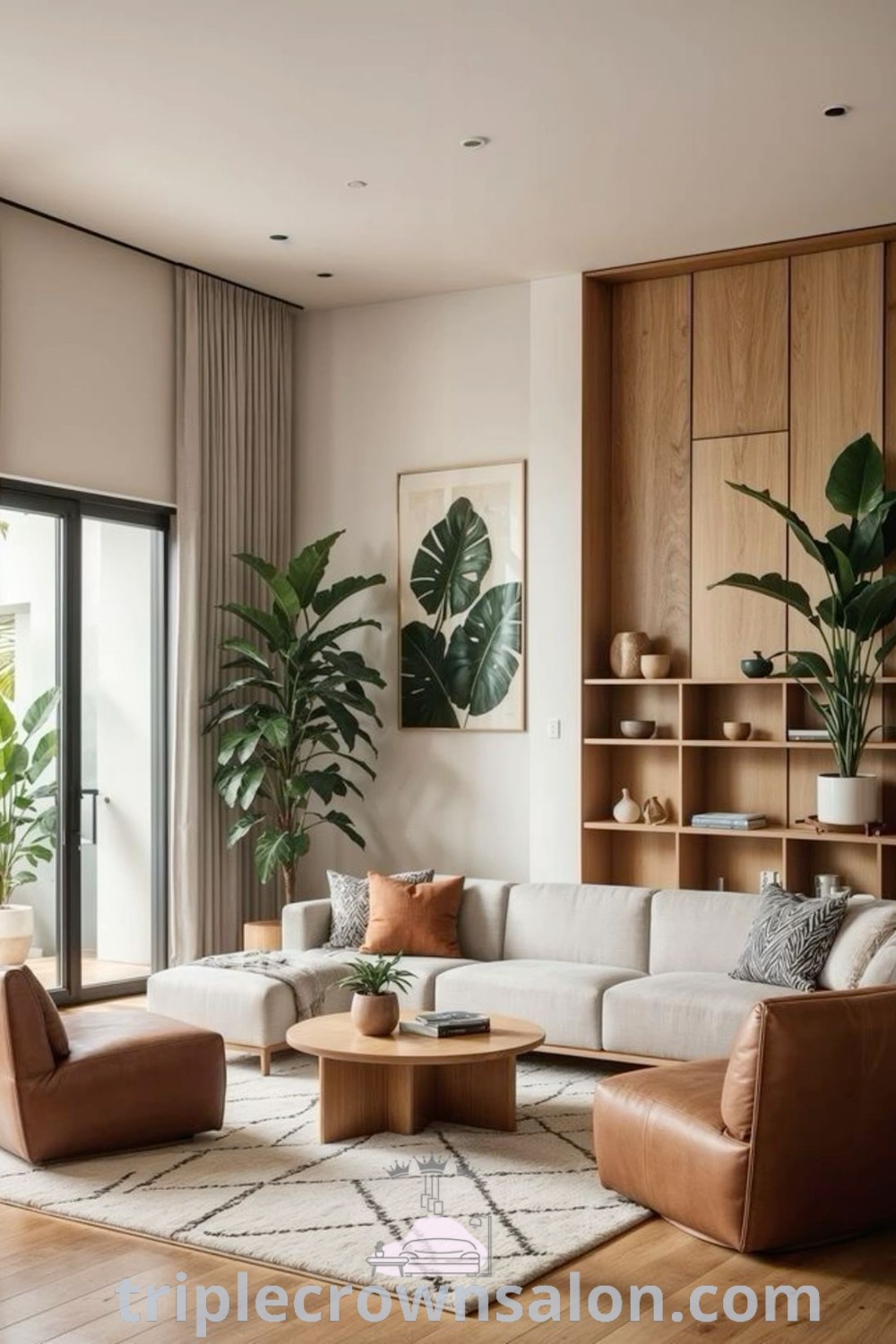 A cozy living room showcasing earthy tones with a beige sofa and a patterned rug, embodying Earth Tone House aesthetics and Japandi design inspirations. This decor offers unique ideas for your home and serves as a perfect example of comfortable interior design. Discover more decorating ideas at triplecrownsalon.com.