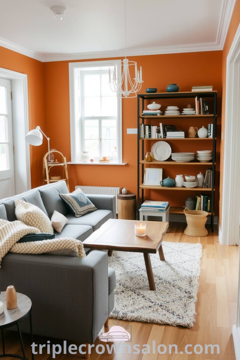 Scandinavian living room featuring warm orange tones, a plush rug, muted gray sofa with knit pillows, rustic timber shelves filled with books and pottery, and a flickering candle, presenting cozy decor ideas for a warm and inviting home atmosphere. Visit triplecrownsalon.com for more inspiring ideas for your home.