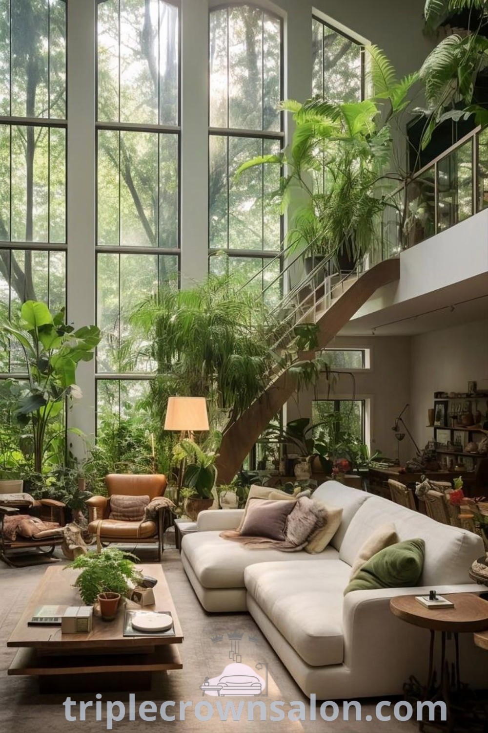 A Boho eclectic living room filled with vibrant furniture, lush plants, and large windows, showcasing biophilic design and cozy decor ideas for a comfortable home. Explore more inspiring ideas for your home at triplecrownsalon.com.