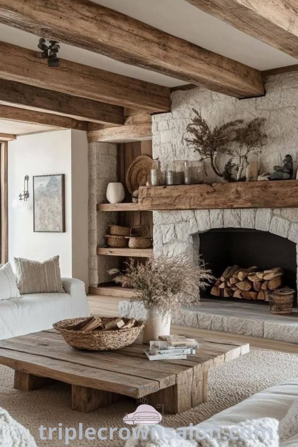A cozy organic rustic living room filled with charming furniture and a fireplace, showcasing modern farmhouse design ideas. This inviting space is perfect for inspiration, featuring cozy decor ideas and unique inspirations for your home. Discover more design tips at triplecrownsalon.com.