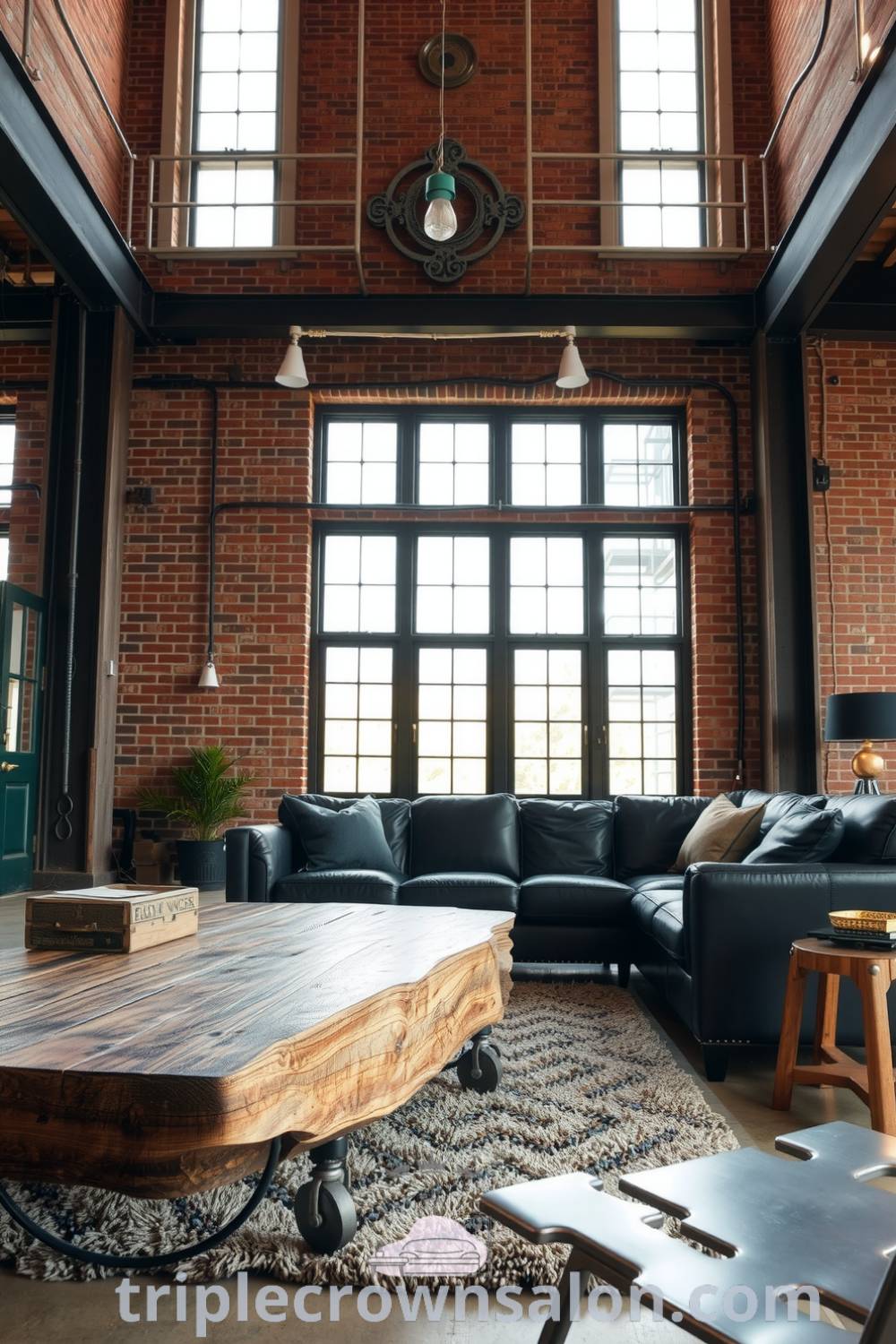 Industrial living room with exposed brick walls, steel beams, a black leather sofa, reclaimed wood coffee table, and a soft area rug, showcasing cozy design ideas for your home. Visit triplecrownsalon.com for more decor inspirations.