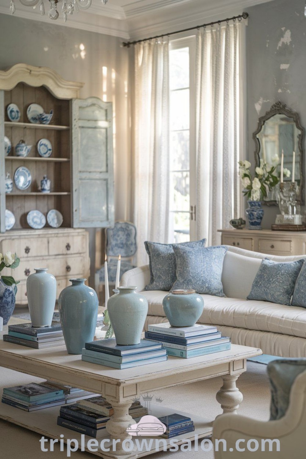 A cozy blue French country living room showcasing elegant furniture, a chandelier over the coffee table, and decorated with blue accents that enhance the inviting ambiance. This decor inspiration offers unique ideas for your home, blending traditional elements with a cozy aesthetic. Discover more decor ideas at triplecrownsalon.com.