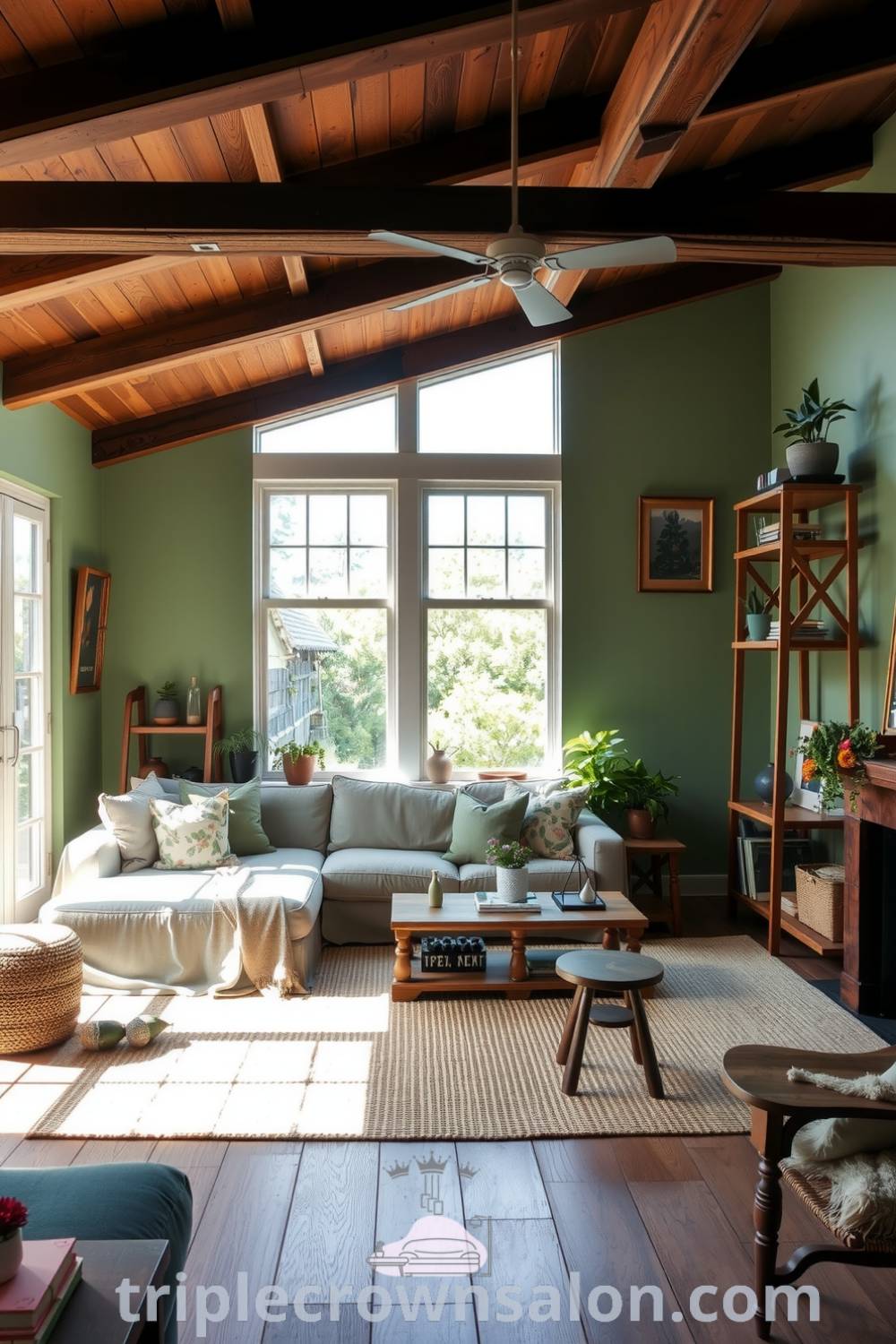 Nature-inspired living room with soft green walls, rich wooden beams, oversized linen sofa, woven jute rug, handcrafted wooden furniture, and potted plants, providing cozy decor ideas, serene atmosphere, and inviting design inspirations for your home at triplecrownsalon.com.