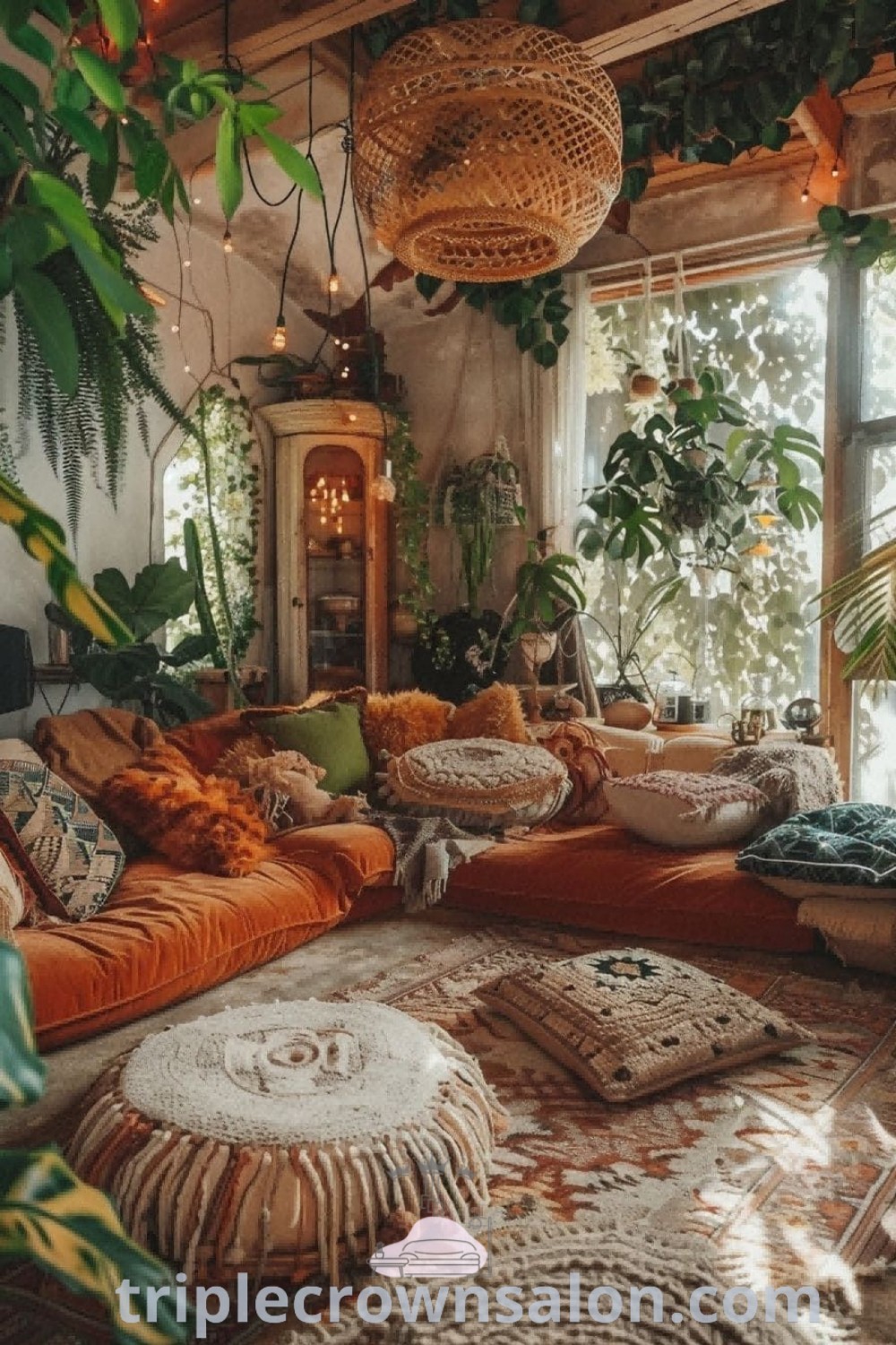 A cozy bohemian living room adorned with a plethora of plants and soft pillows on the couches, showcasing unique design ideas like Boho Hangout Room inspirations and 70s Boho Living Room aesthetics. Discover a warm and inviting atmosphere that enhances well-being at wellnesswink.com.