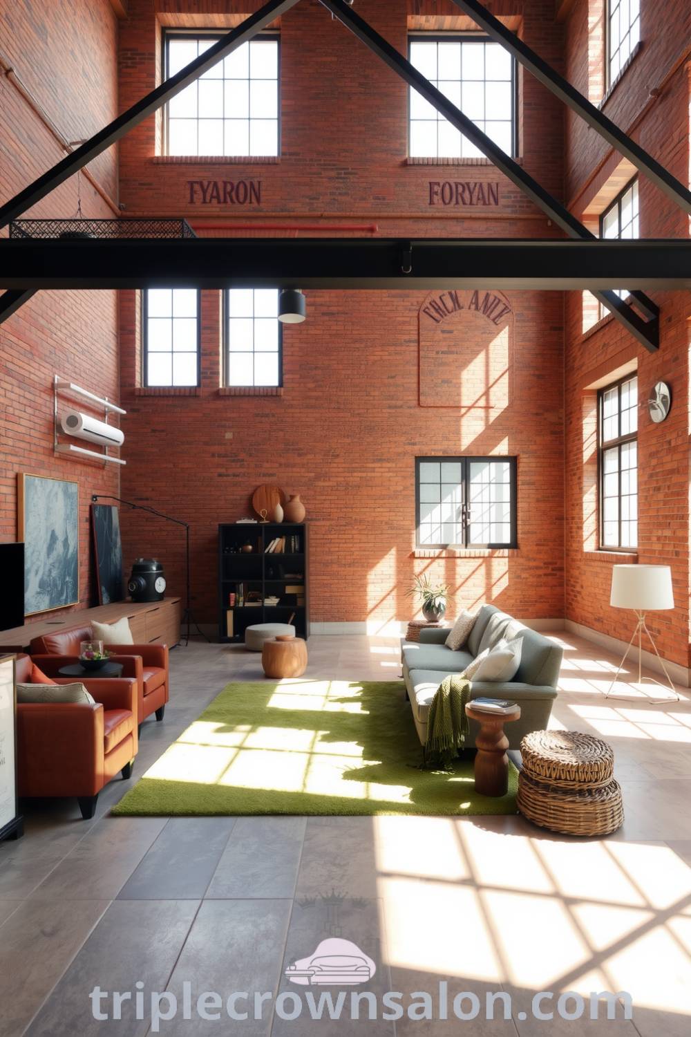 Industrial living room with exposed brick walls, dark metal beams, reclaimed wood furniture, soft upholstery, and a vibrant green area rug, creating a cozy yet sophisticated atmosphere for relaxation and entertaining, with design ideas for your home from triplecrownsalon.com.
