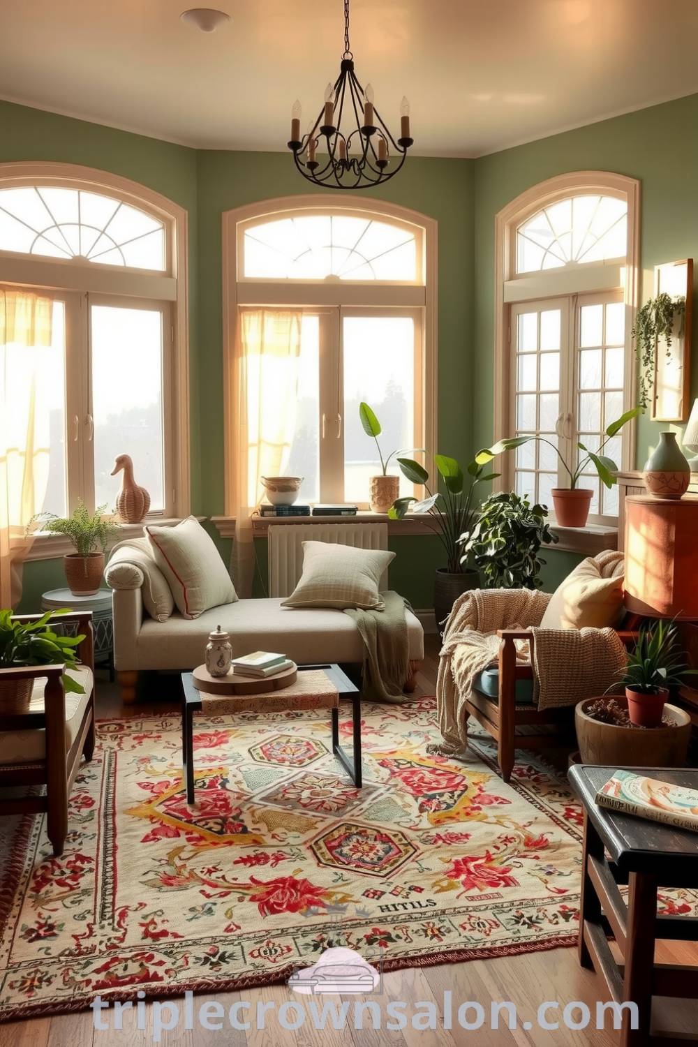 Cozy bohemian living room with soft green tones, vintage rug, mismatched earthy cushions, rustic wooden furniture, and potted plants, illuminated by golden sunlight through floor-to-ceiling windows, providing inspiring decor ideas for a cozy home at fireplacesandwoodstoves.com.