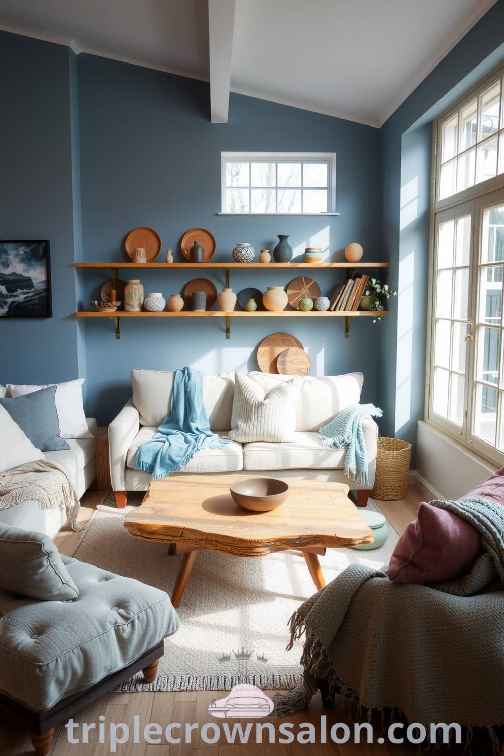 Scandinavian living room featuring a blue and warm neutral palette, a well-worn sofa with soft fabrics, natural light flooding through large windows, handmade ceramics on shelves, and a reclaimed wood coffee table, creating a cozy and serene atmosphere perfect for relaxing and enjoying quiet evenings. Visit triplecrownsalon.com for more cozy ideas and decor inspirations.