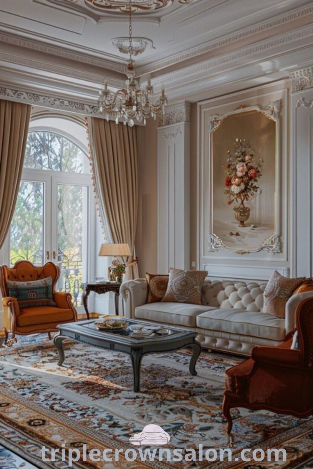 A sophisticated Parisian interior living room showcasing elegant couches and chairs under a chandelier, complemented by large windows. This design incorporates traditional living room ideas and classic furniture, creating a cozy atmosphere. Discover more decor inspirations at wellnesswink.com.