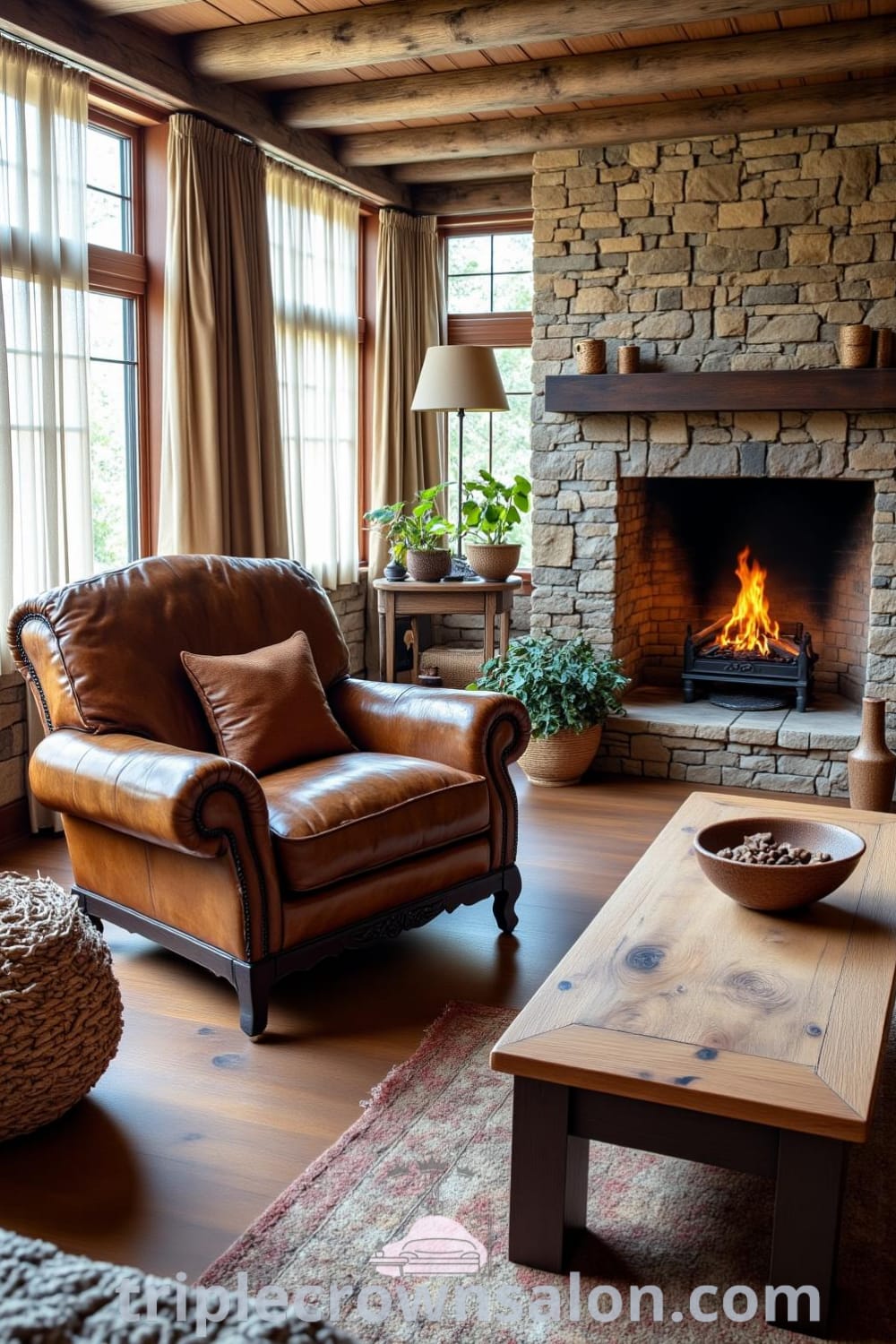 Rustic living room featuring a worn leather chair, rugged wooden coffee table, and stone fireplace, with sunlight filtering through sheer curtains on weathered floorboards, offering cozy ideas and design inspirations for your home at fireplacesandwoodstoves.com.