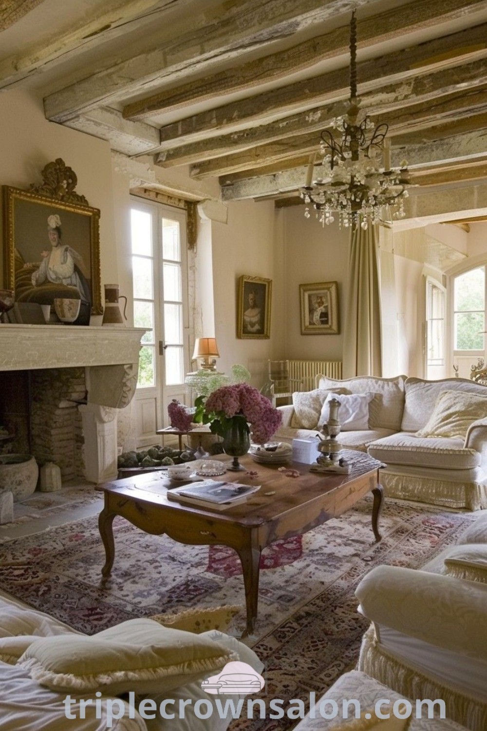 A cozy French countryside living room showcasing lots of stylish furniture, a beautiful chandelier, and wall tiles. This decor offers inspiring ideas for your home, combining a cozy aesthetic with functional design tips. Discover more unique decor inspirations at triplecrownsalon.com.