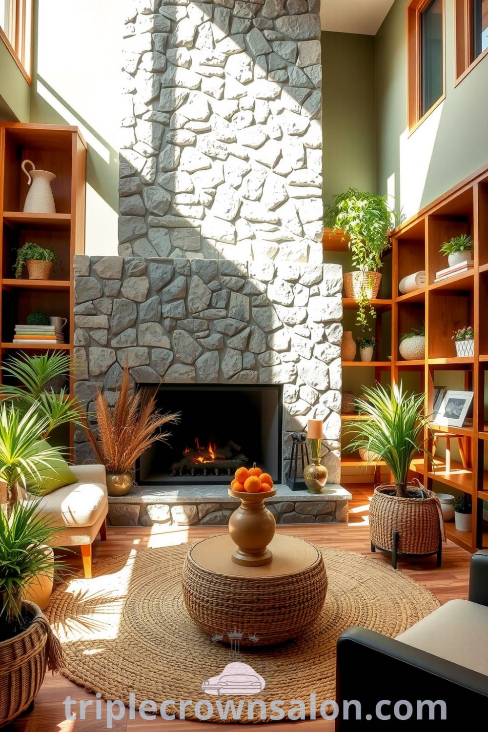 Nature-inspired living room with soft greens, earthy browns, a large stone fireplace, natural wood shelving, woven jute rug, and potted plants, creating a cozy atmosphere perfect for relaxation and connection with nature. Visit triplecrownsalon.com for more cozy decor ideas.