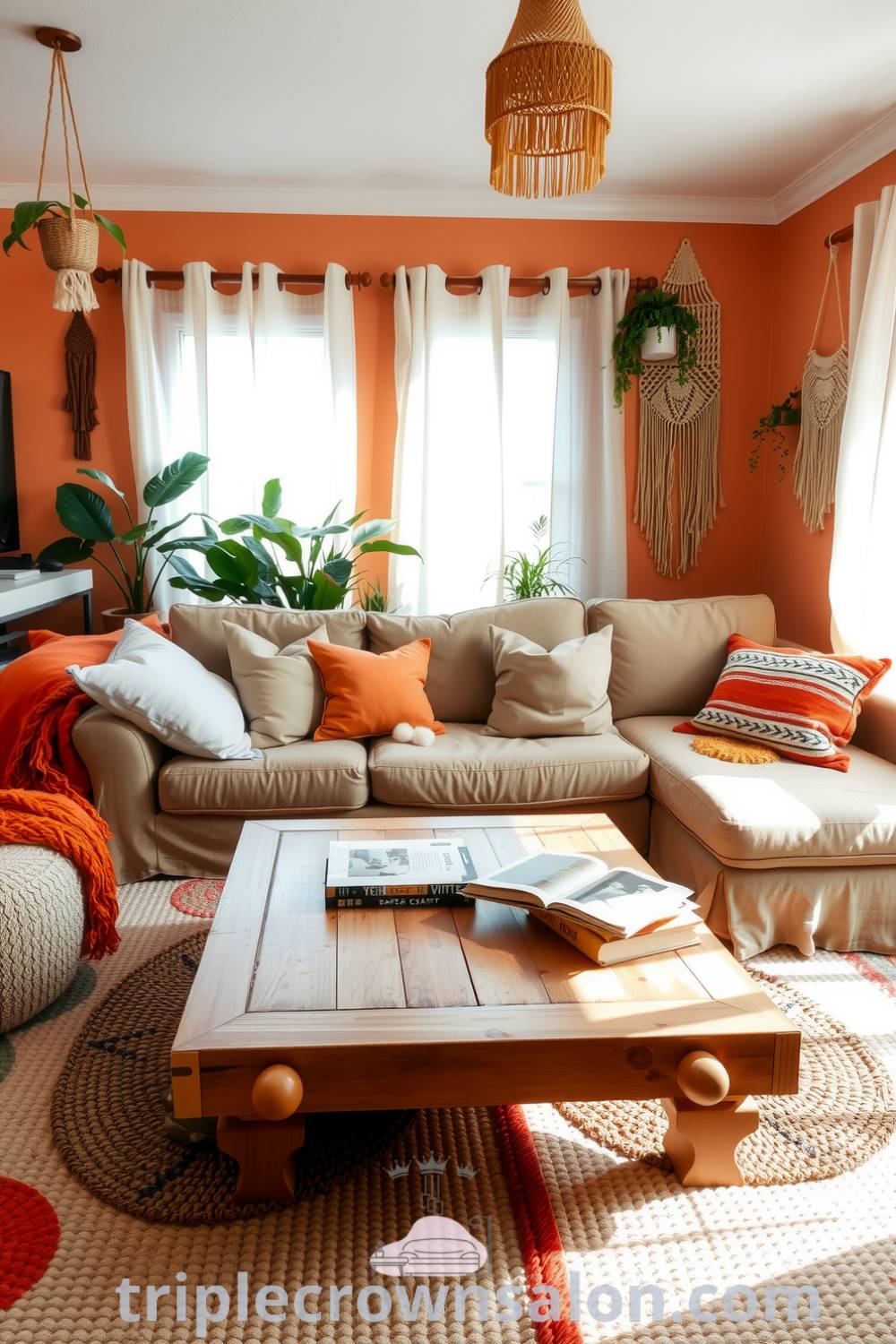 Cozy boho living room featuring warm orange accents, straw-colored walls, oversized cushions, hanging plants, and macramé wall art, creating a warm and inviting atmosphere filled with character. For more cozy ideas, visit fireplacesandwoodstoves.com.