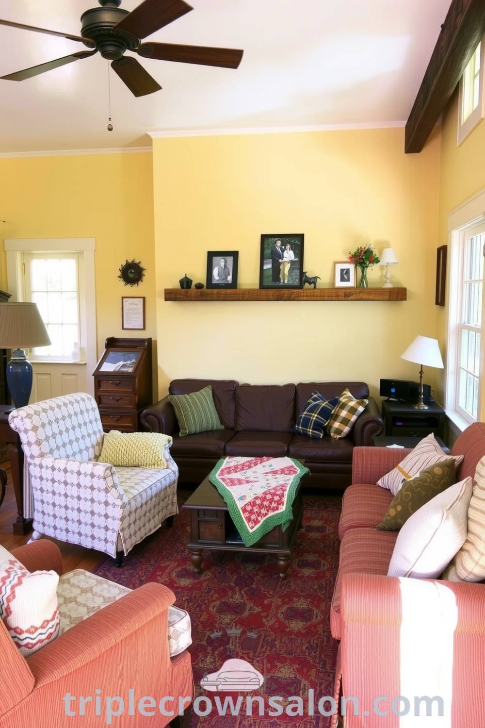 Charming yellow farmhouse living room featuring a well-worn leather sofa, mismatched armchairs with knitted throws, a quilt on the coffee table, and a wooden mantel with family photos, creating a cozy and inviting home atmosphere. For more inspiring cozy ideas, visit triplecrownsalon.com.