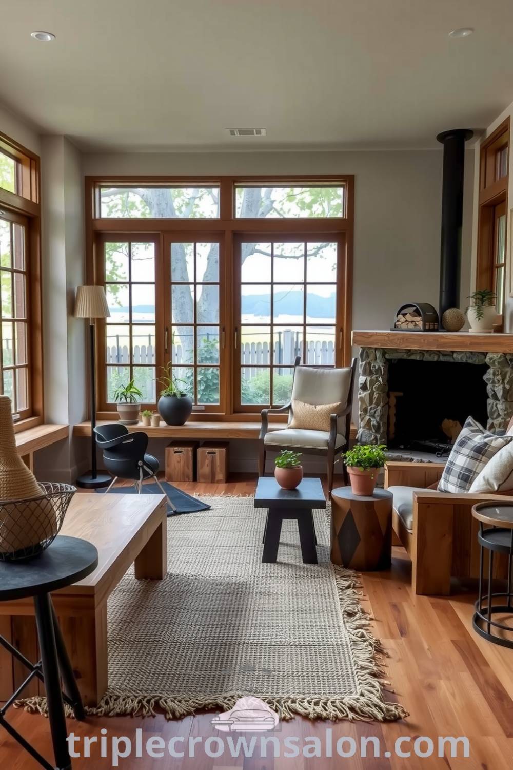 Cozy nature-inspired living room with soft greens and earthy browns, featuring a woven jute rug, reclaimed wood furniture, handcrafted pots with plants, and a small stone fireplace, creating inspiring decor ideas for a cozy home. Discover more at triplecrownsalon.com.