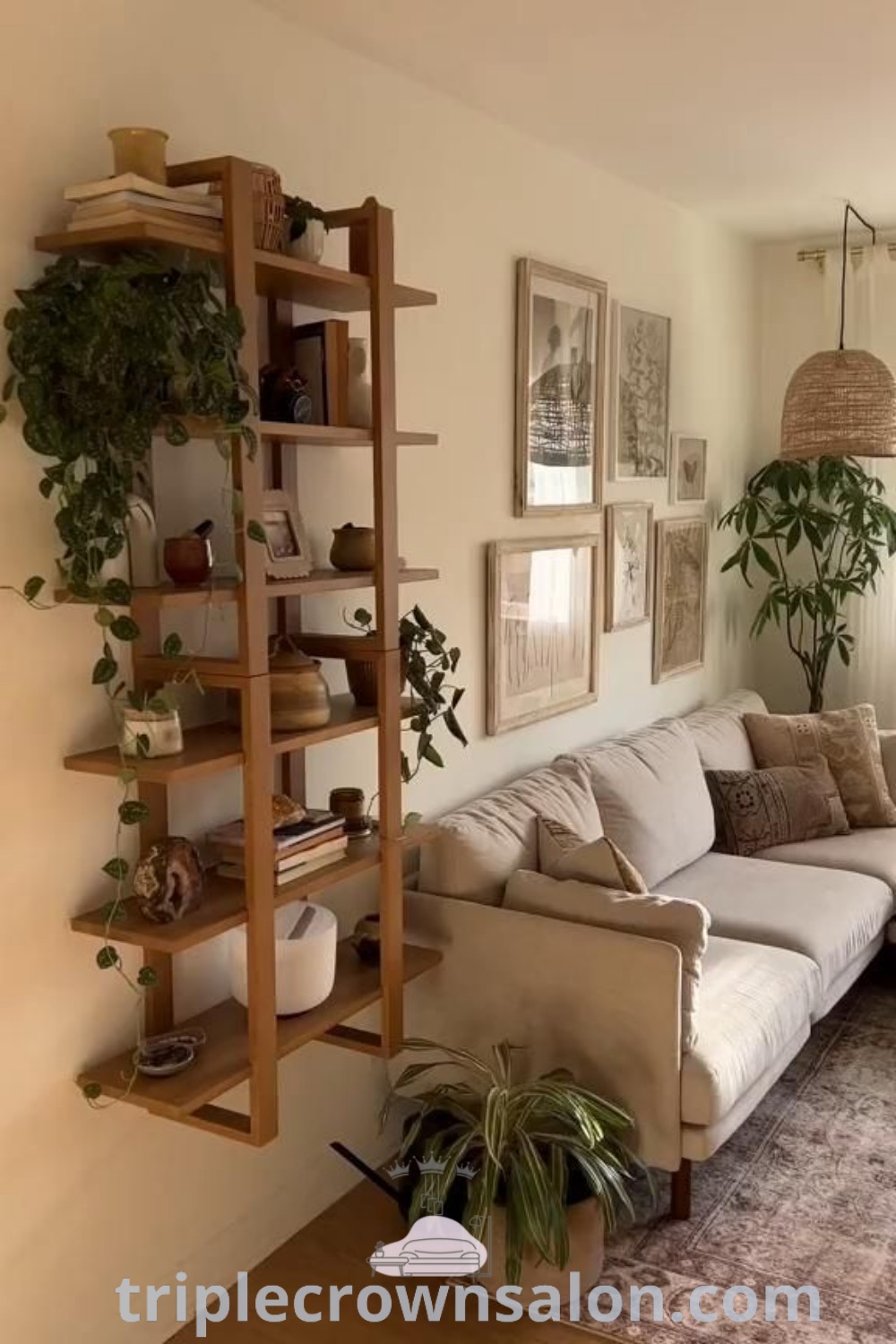 A cozy boho living room decor featuring earthy tones, plants, and stylish furnishings, perfect for a tiny condo or one-room apartment. This setup provides design ideas that create a warm and inviting atmosphere, showcasing decor inspirations for small spaces. Explore more unique ideas at wellnesswink.com.