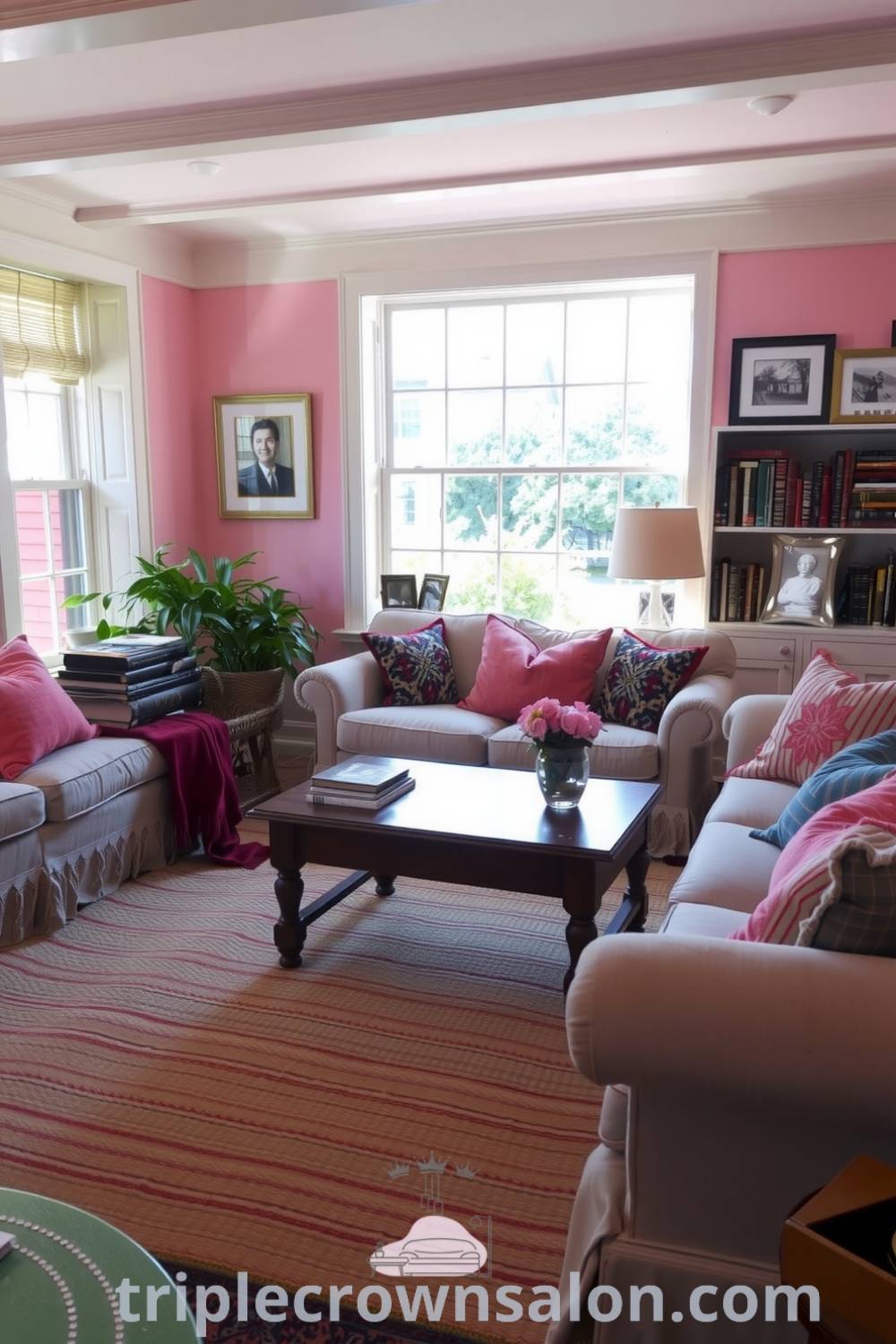 Cozy living room design with soft pink walls, overstuffed sofas, vintage wooden coffee table, and woven rugs, enhanced by sunlight and personal décor, offering inspiring ideas for your home at fireplacesandwoodstoves.com.