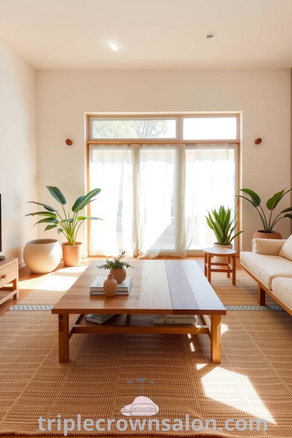 Japandi living room featuring soft beige tones, a low reclaimed timber coffee table, handwoven area rug, large windows allowing sunlight, and potted plants, creating a cozy home atmosphere perfect for relaxation. For more inspiring decor ideas, visit triplecrownsalon.com.