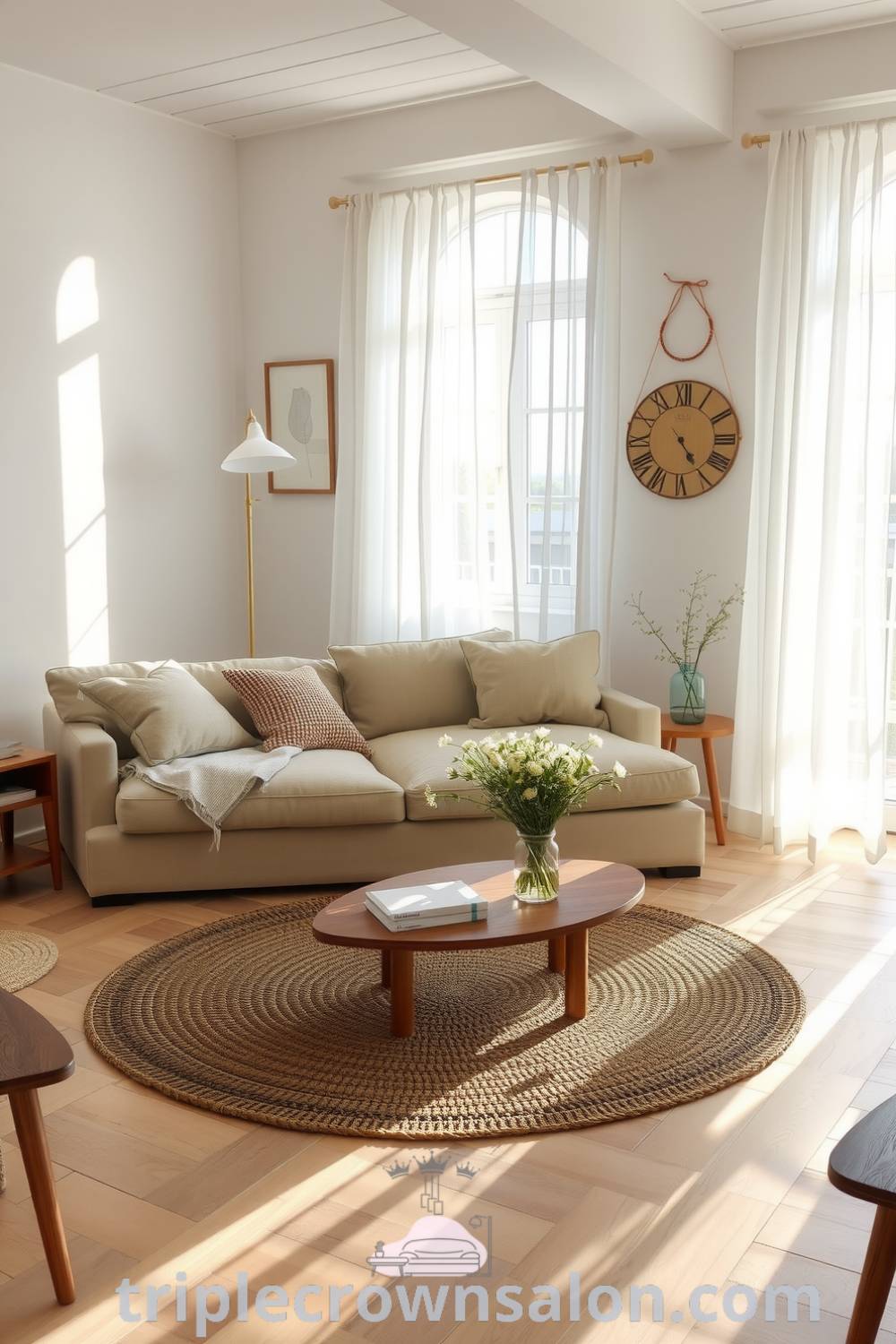 Cozy Scandinavian living room featuring soft white walls, beige sofa with textured pillows, light wooden furniture, sheer curtains, natural fiber rug, small coffee table with books and wildflowers, creating a serene and inviting atmosphere for relaxation and connection. Visit triplecrownsalon.com for more cozy decor ideas.