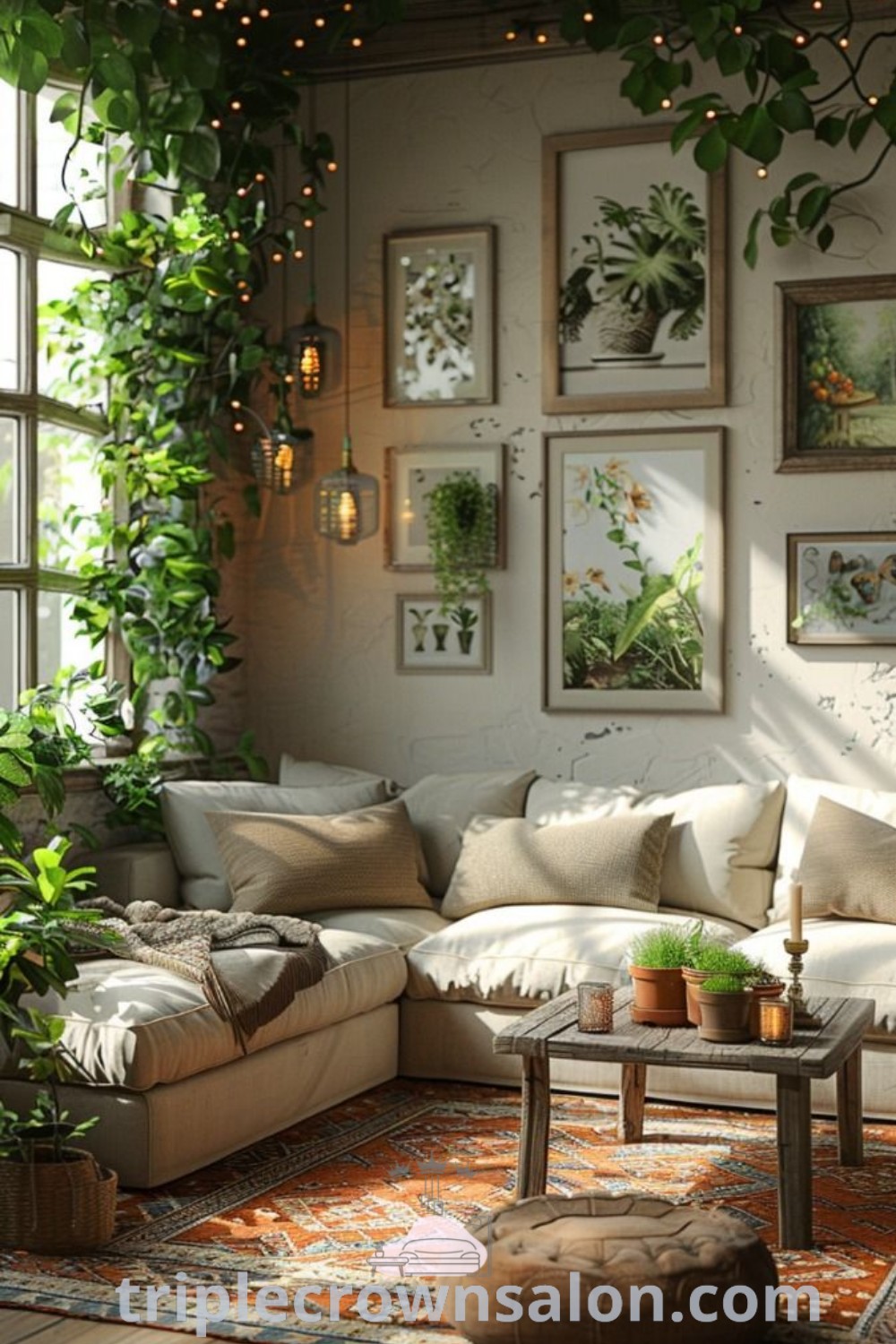 A small living room filled with furniture and greenery, showcasing cozy decor ideas and hygge elements. The space is designed for comfort and style, with plants adorning the walls and functional designs perfect for apartments. Explore more design ideas at triplecrownsalon.com.