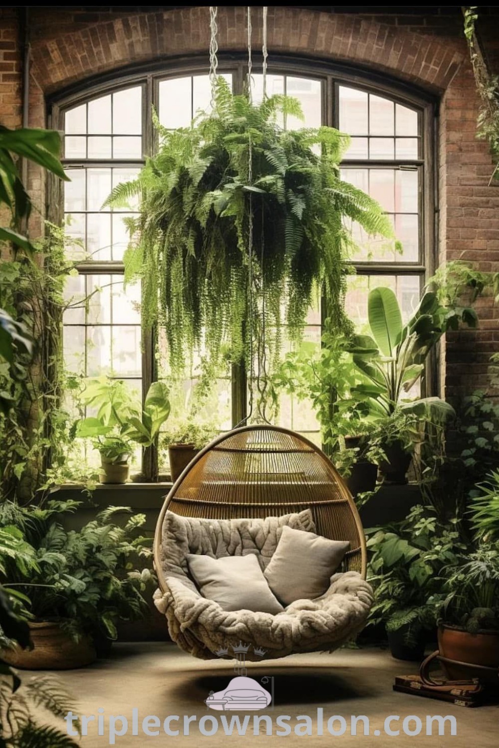An inviting plant room filled with green house plants and hanging chairs near a window, embodying biophilic design and cozy aesthetics. This indoor jungle offers unique decor ideas for your home, perfect for relaxation and meditation. Discover more inspiring designs at triplecrownsalon.com.