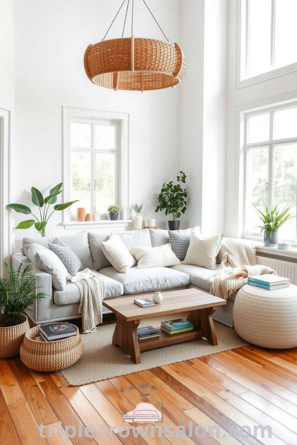 Cozy Scandinavian living room with soft white walls, warm wooden floor, light gray sofa with knitted throws, minimalist reclaimed wood coffee table, and lively potted plants, providing inspiring decor ideas for your home at triplecrownsalon.com.