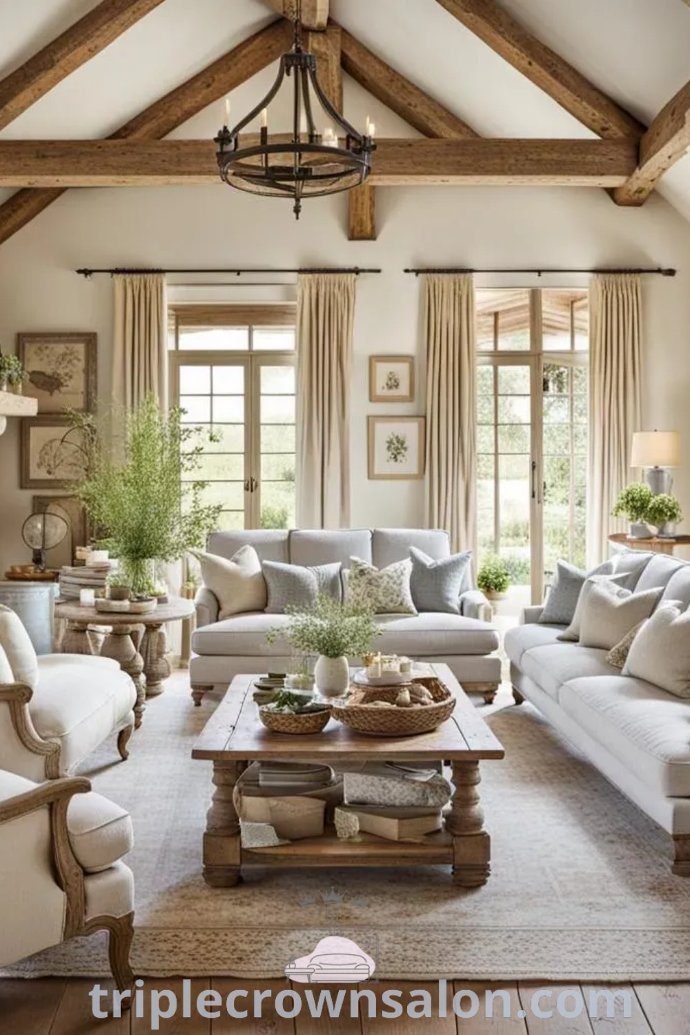 A charming French Country living room filled with cozy furniture, a central fireplace, and delightful decor elements, ideal for creating a warm atmosphere. This inviting design showcases ideas you need to see for your home, featuring inspirations from French farmhouse and English cottage styles. Discover more unique decor ideas at triplecrownsalon.com.