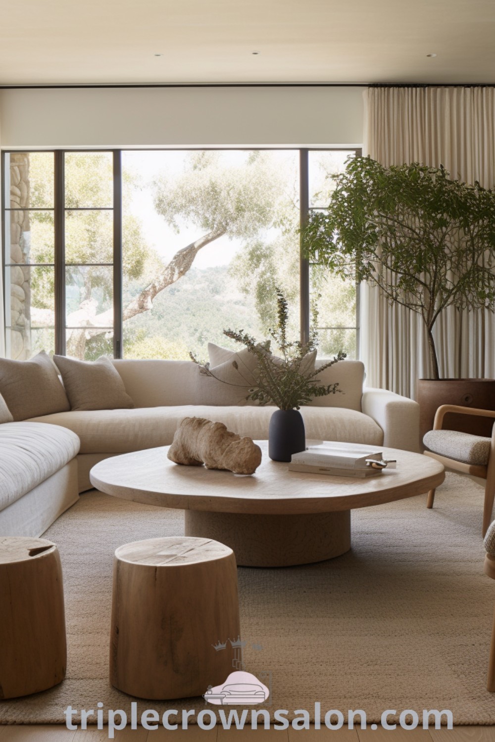 An inviting organic modern living room featuring large windows, stylish furniture, and a blend of Japandi and natural living aesthetics. This cozy space showcases unique decor ideas and design inspirations for your home, creating a comfortable and functional ambiance. Discover more ideas at triplecrownsalon.com.