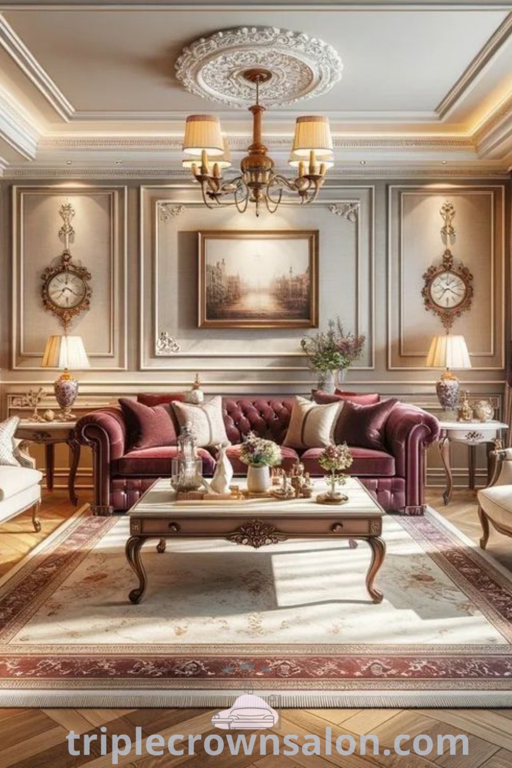 A cozy Edwardian drawing room filled with elegant vintage classic furniture, a stunning chandelier, and inviting decor elements. This traditional living room design blends Victorian charm with modern decor ideas, offering inspiring suggestions for enhancing your home