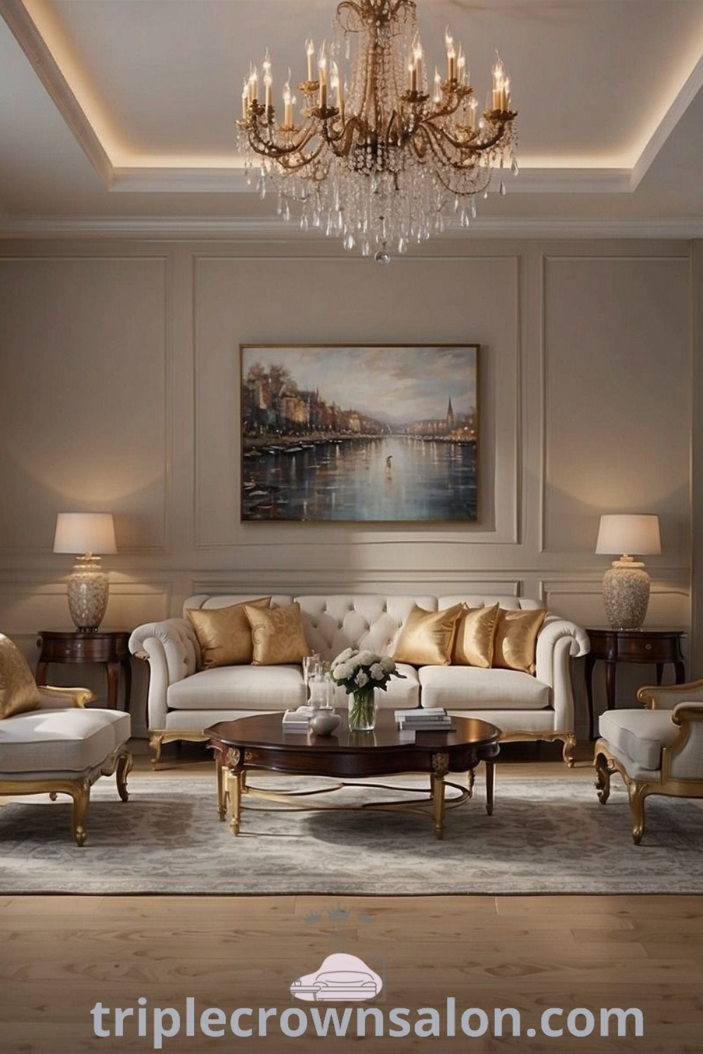A stylish neo classic living room featuring elegant furniture, a chandelier, and unique room panelling, creating a cozy and inviting space. This modern classic interior design offers unique ideas for your home and decor inspirations. Explore more at wellnesswink.com.
