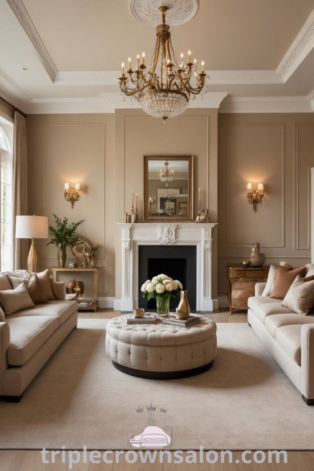 A cozy living room with plush beige couches and chairs surrounding a central fireplace, showcasing traditional home decor and rich living room colors. This luxurious space provides unique decor ideas and inspirations for your home, with design elements that promote warmth and comfort. For more inspirations, visit wellnesswink.com.