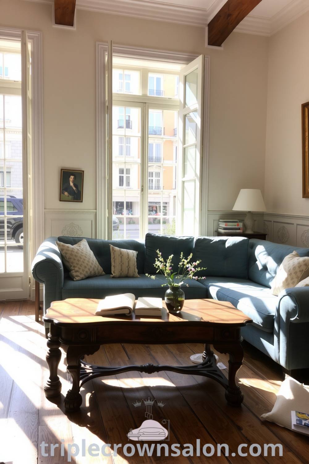 Cozy French living room with cream walls, vintage floral wallpaper, an overstuffed blue sofa, antique wooden coffee table, and fresh wildflowers, showcasing design ideas for a warm and inviting home at triplecrownsalon.com.