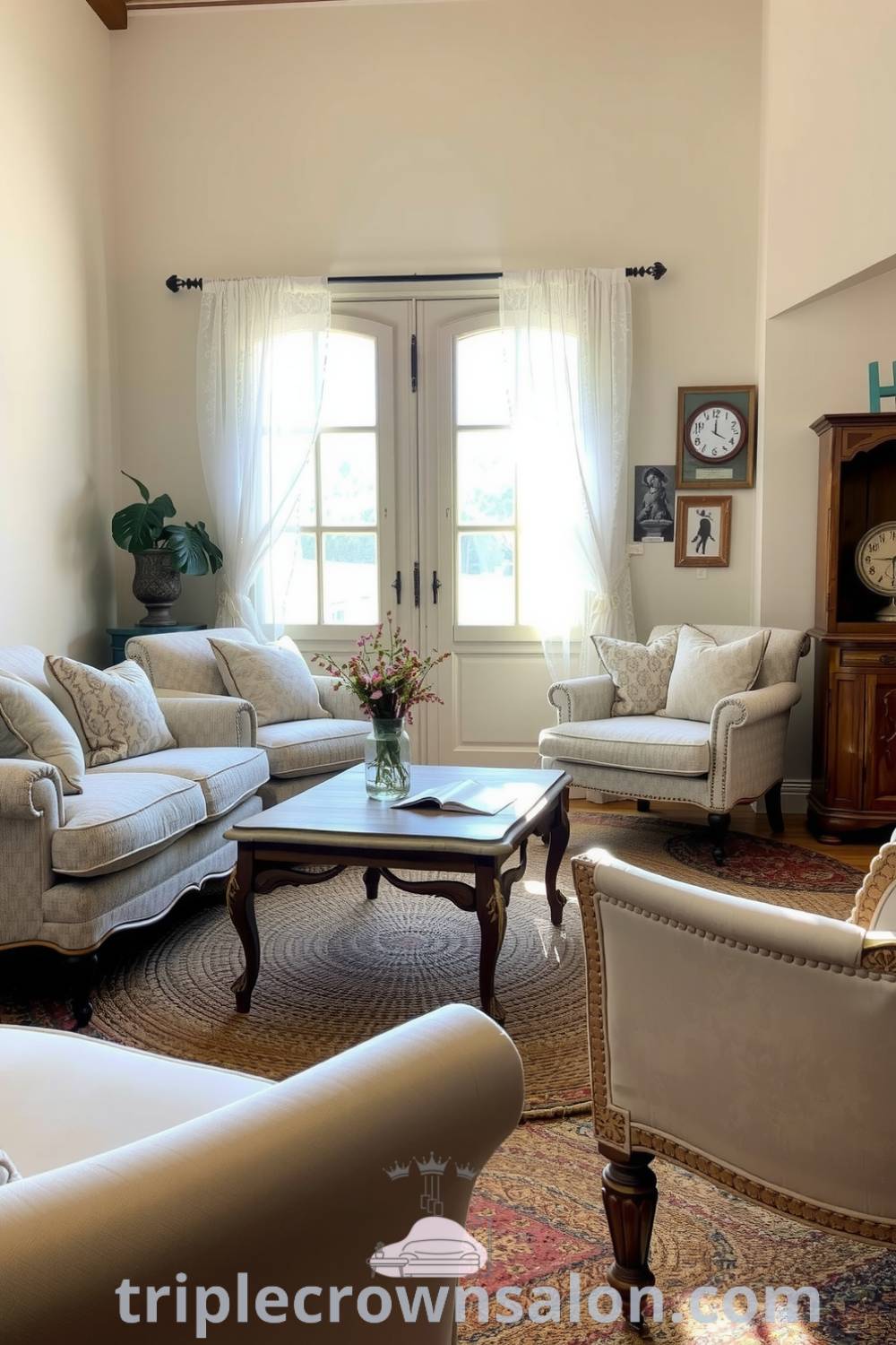 Cozy French living room with soft cream walls, mismatched armchairs, a distressed reclaimed wood coffee table with wildflowers, and sunlight filtering through lace curtains, designed for comfort and warmth, offering inspiring decor ideas for your home at triplecrownsalon.com.
