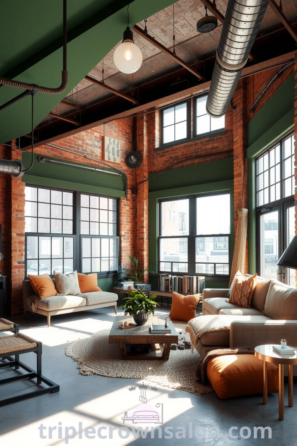 Industrial living room with exposed brick, weathered metal fixtures, a green accent wall, a cozy sectional sofa, large windows, and a reclaimed wood coffee table, offering inspiring decor ideas for a cozy home atmosphere. Visit triplecrownsalon.com for unique ideas.