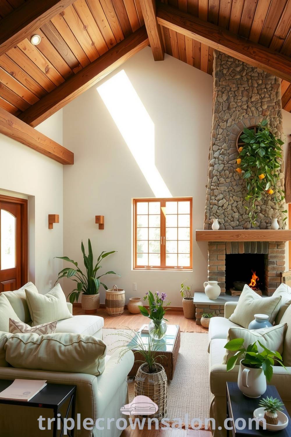 Nature-inspired living room featuring a rich stone fireplace, overstuffed linen sofas in soft green, wooden beams, and potted plants, creating a cozy aesthetic retreat perfect for relaxation, providing decor ideas and inspiration for your home at triplecrownsalon.com.