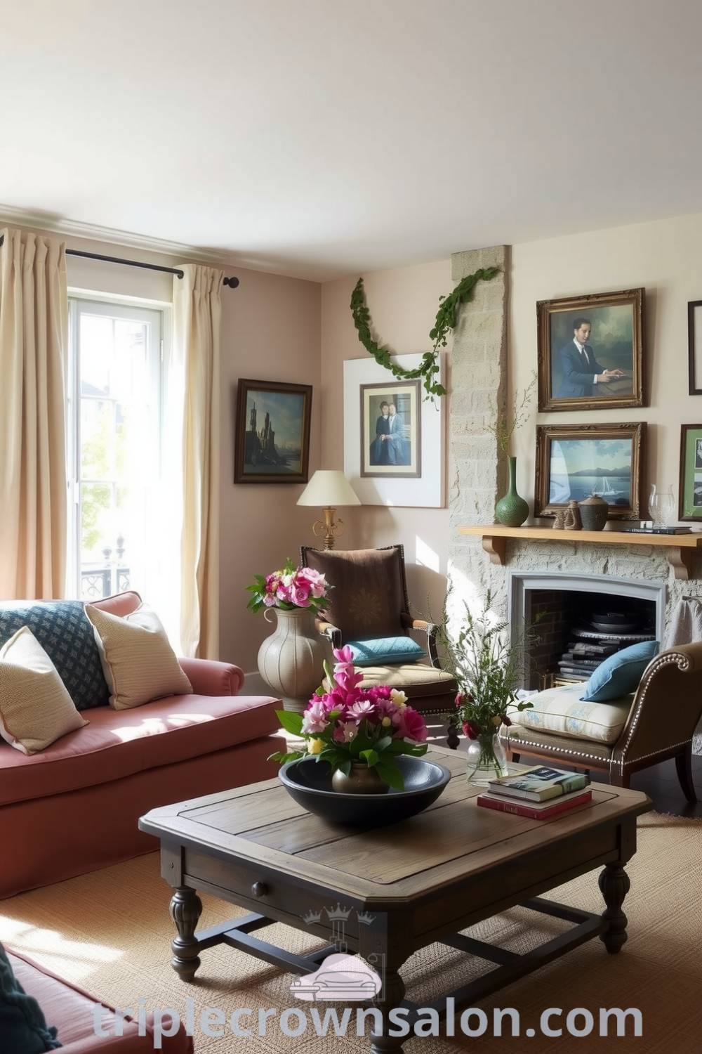 Cozy French living room featuring a rustic stone fireplace, vintage sofa with plush cushions, fresh flowers, and framed artwork, creating an inviting atmosphere with unique decor ideas and inspirations. Visit triplecrownsalon.com for more cozy home design ideas.