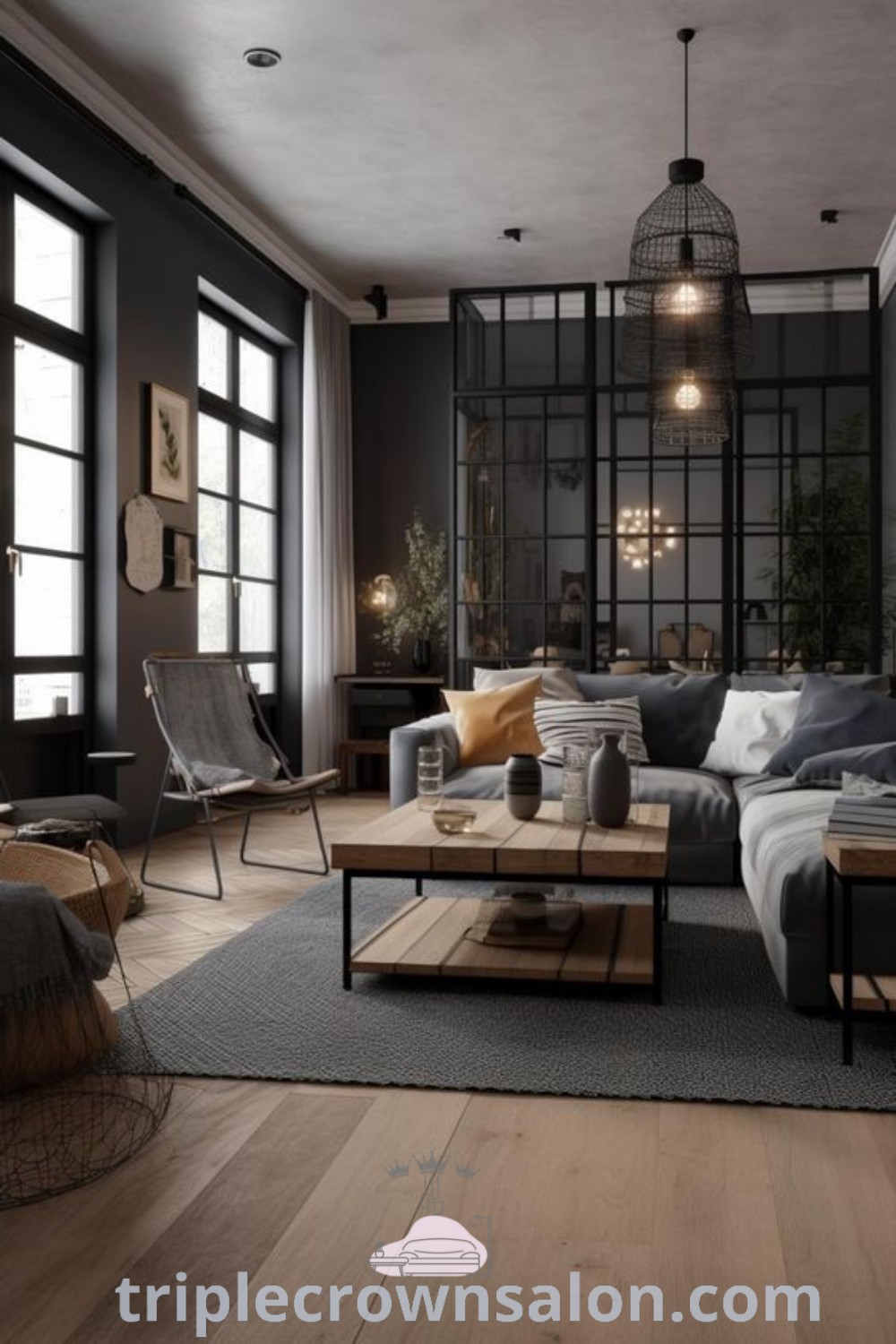 A modern industrial living room featuring large windows, cozy mixed wood decor, and stylish industrial accents that enhance the inviting ambiance. This design showcases decor ideas for small spaces and offers inspiring ideas for your home. Discover more design tips at triplecrownsalon.com.