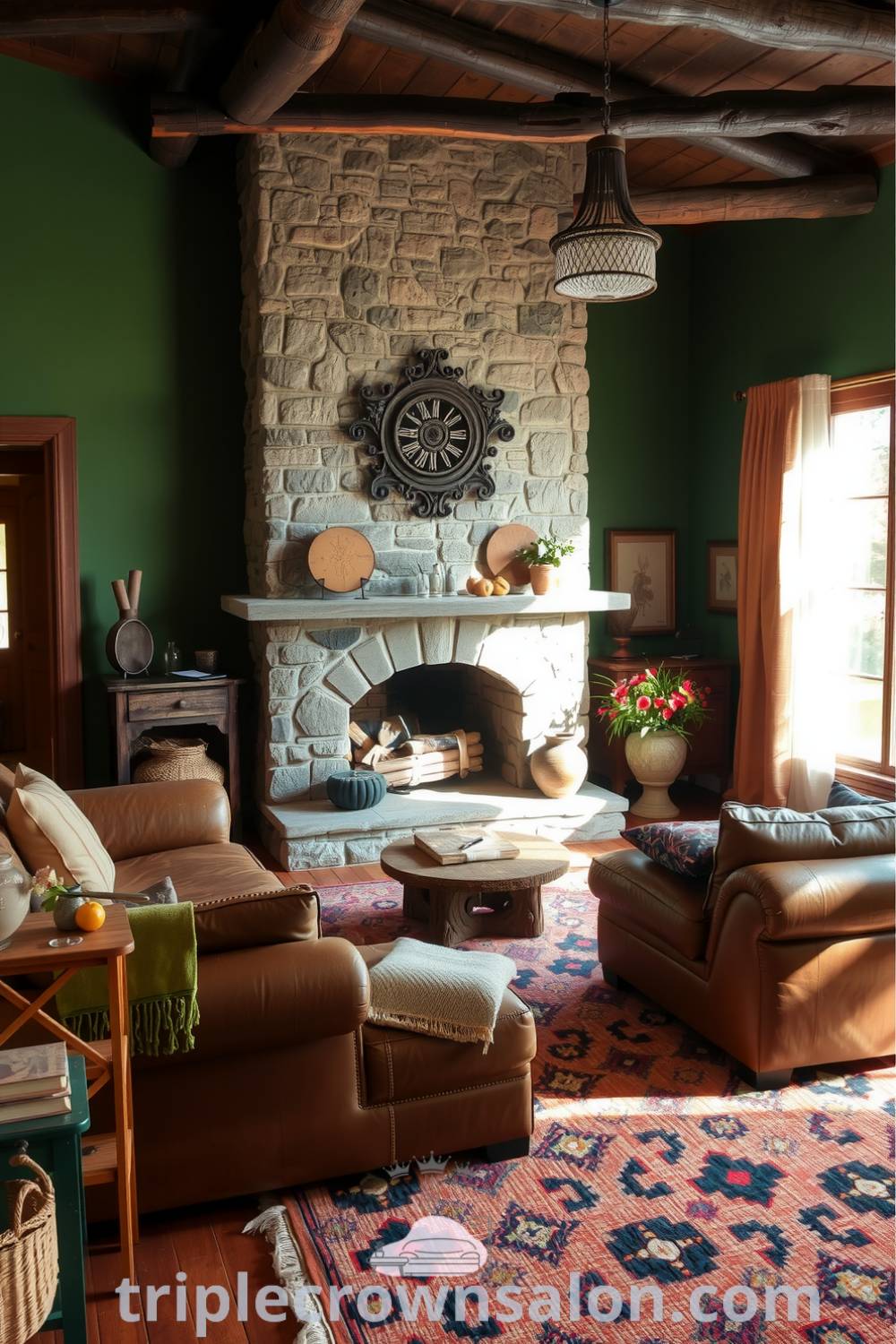 Warm rustic living room featuring deep green walls, a large stone fireplace, worn leather couches, and handwoven rugs, showcasing cozy decor ideas for an inviting home atmosphere on fireplacesandwoodstoves.com.