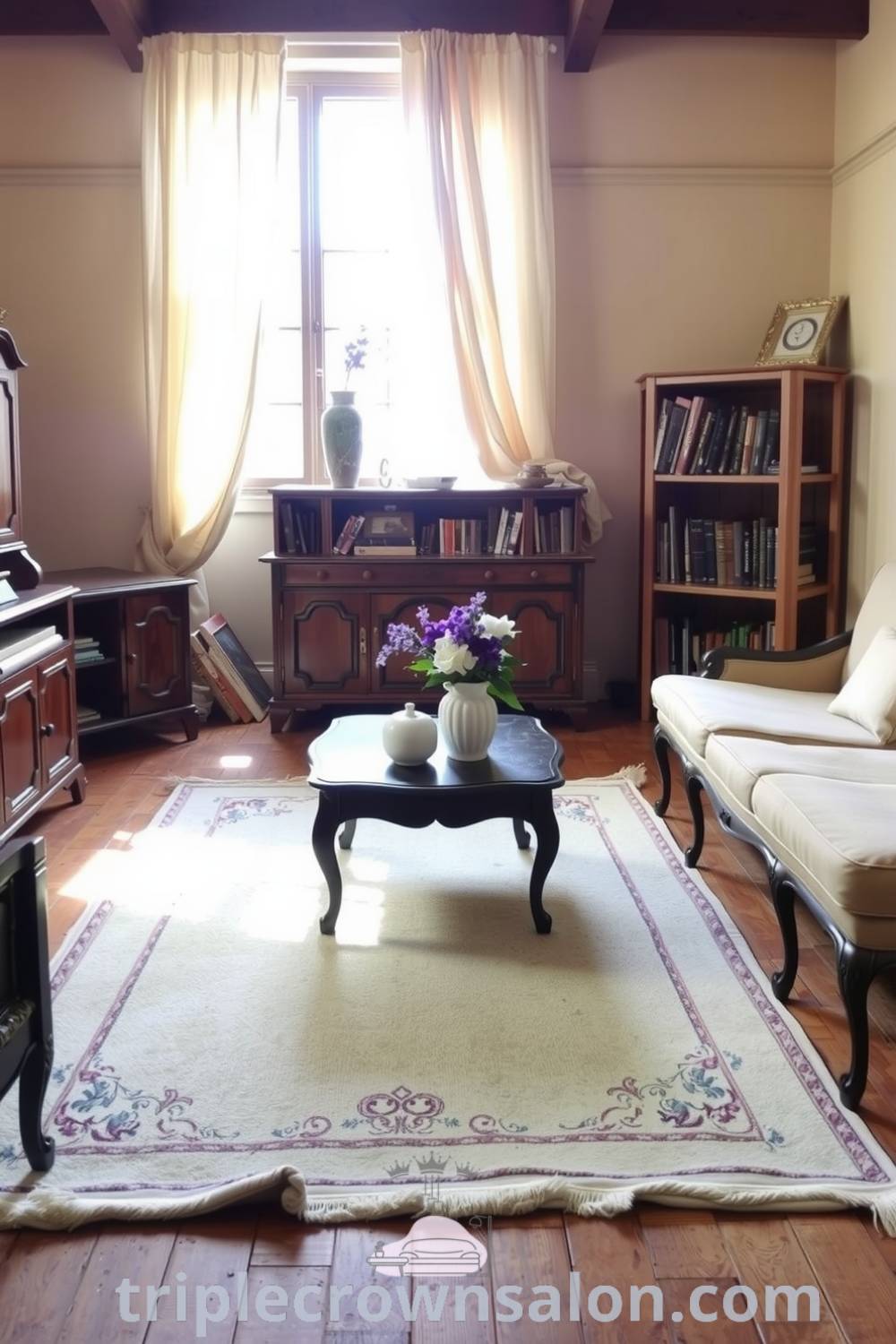 Cozy French living room with beige walls, rich wooden furniture, a faded area rug, vintage coffee table, well-loved books, and a vase of lavender, creating an inviting atmosphere filled with warmth and charm. For more ideas visit triplecrownsalon.com.