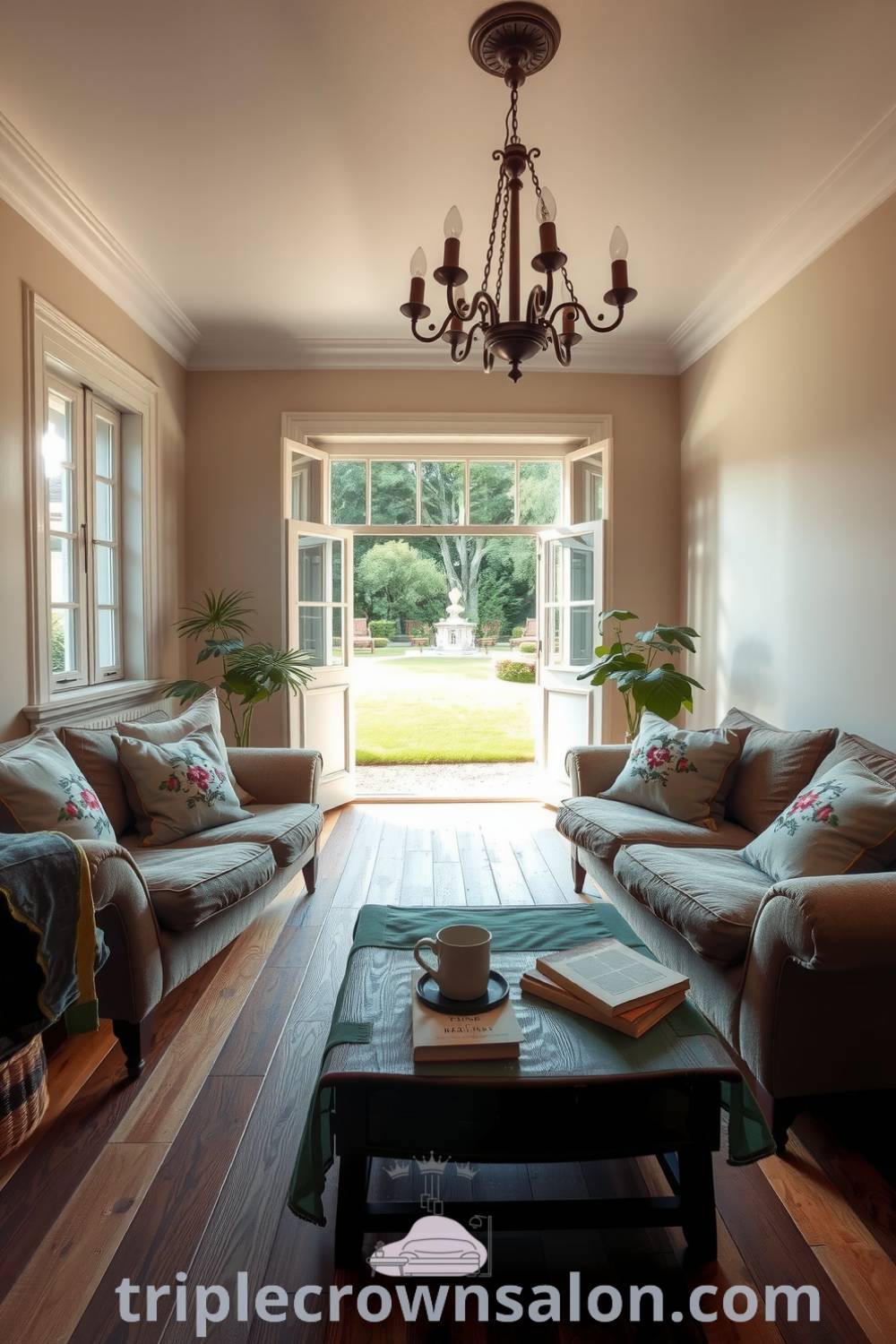 Sunlit French living room with soft beige walls, deep oak wooden floors, plush sofas adorned with floral cushions, a rustic coffee table with books and a steaming mug, vintage chandelier, and a view of a manicured garden, offering cozy ideas and decor inspirations for creating a warm atmosphere at home. Visit triplecrownsalon.com.