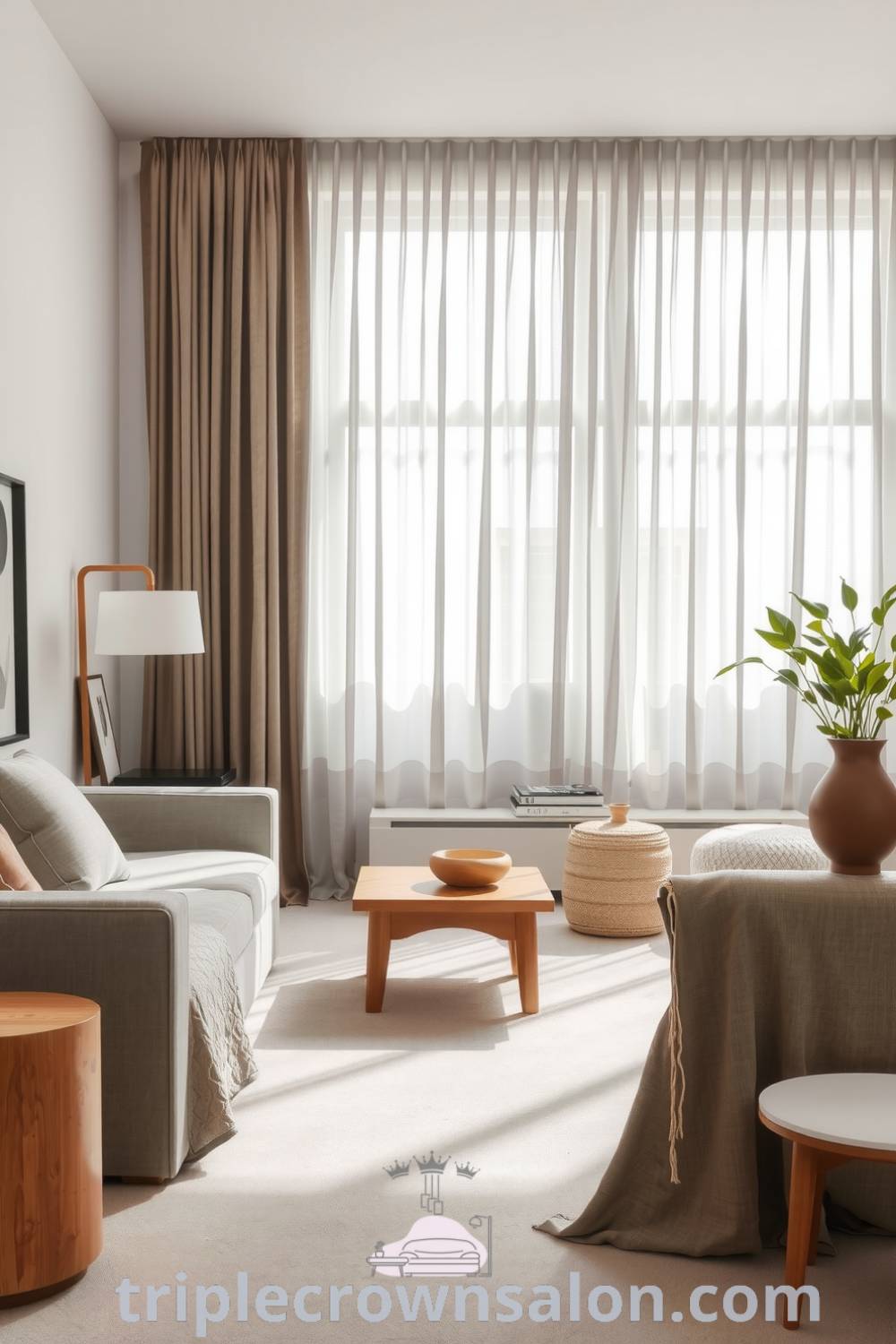 Cozy Japandi living room featuring soft grey tones, warm wood accents, textured textiles, natural light through sheer curtains, and vibrant plants, offering unique ideas for a serene and minimalist decor, showcasing inspiring decor ideas for small spaces, visit triplecrownsalon.com.