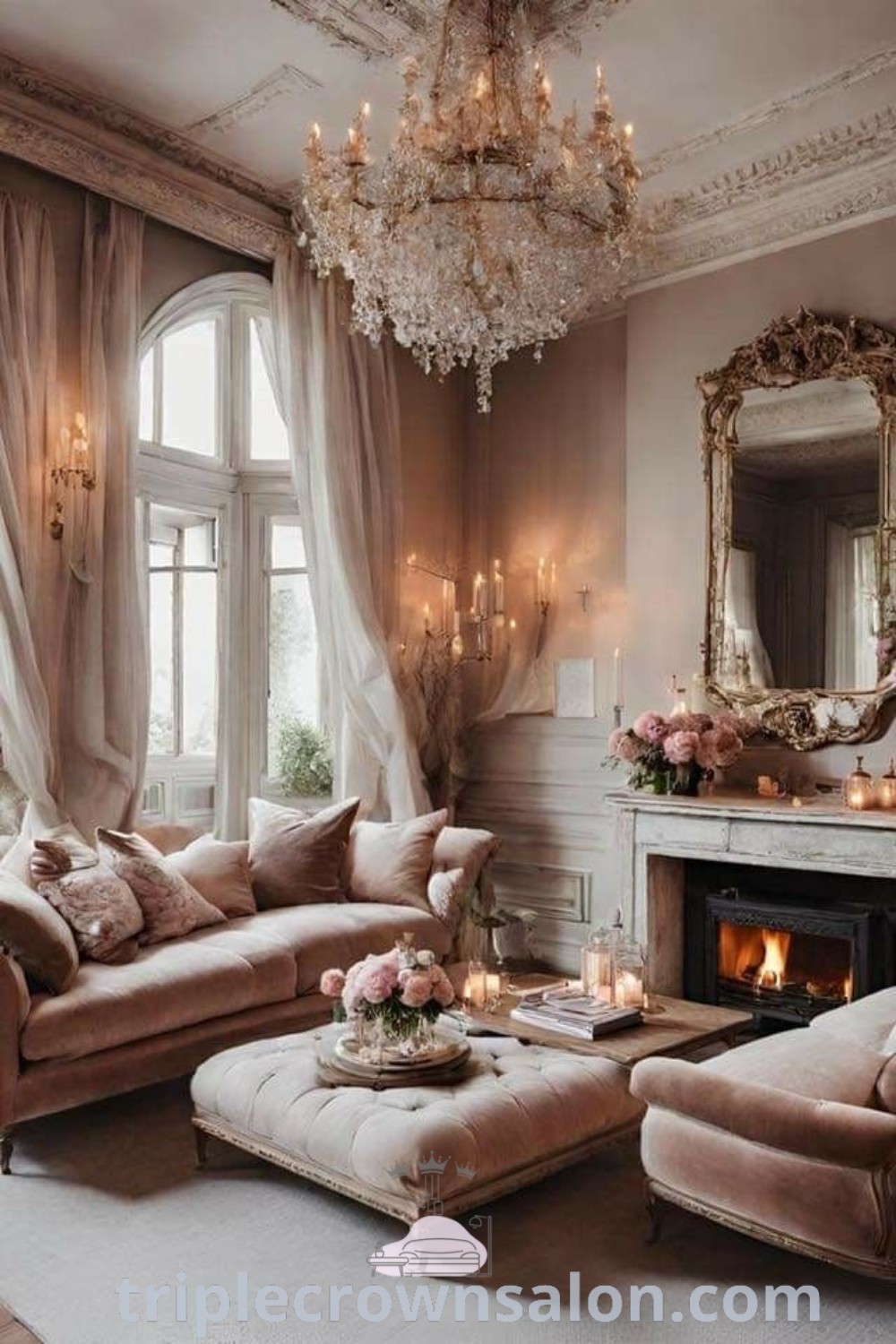 A romantic French living room filled with elegant furniture, a chandelier, and cozy decor ideas, showcasing inspirations for a French Parisian aesthetic. Discover unique design trends and cozy ideas for your home at triplecrownsalon.com.