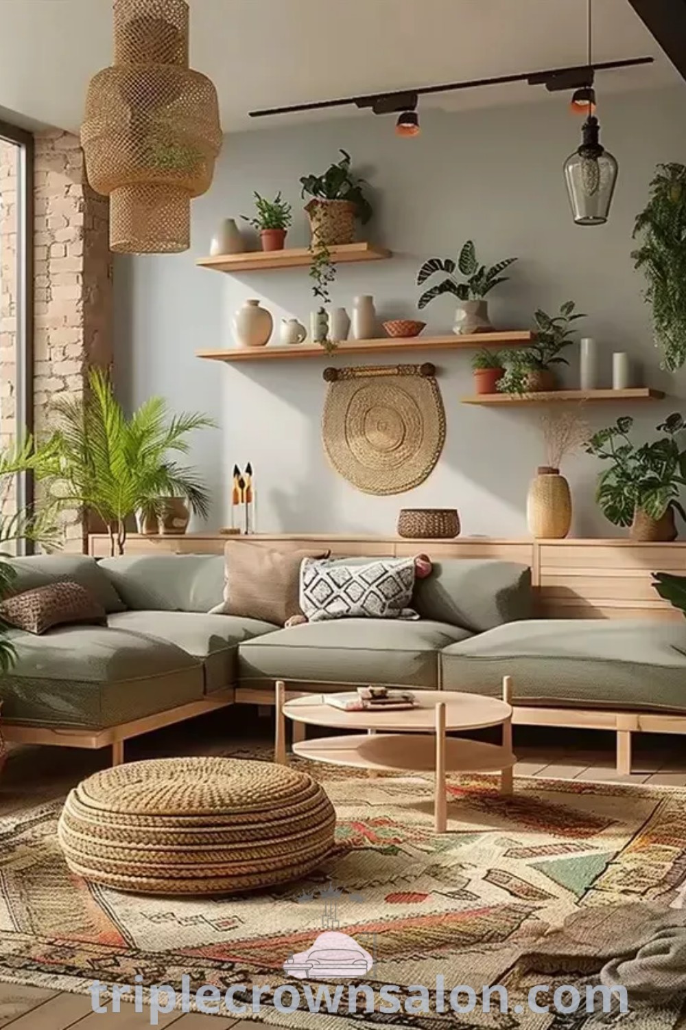 A cozy earthy boho living room with a gray couch, abundant furniture, and potted plants on shelves, showcasing modern boho decor ideas and inspiring design trends. For more decor inspirations, visit triplecrownsalon.com.