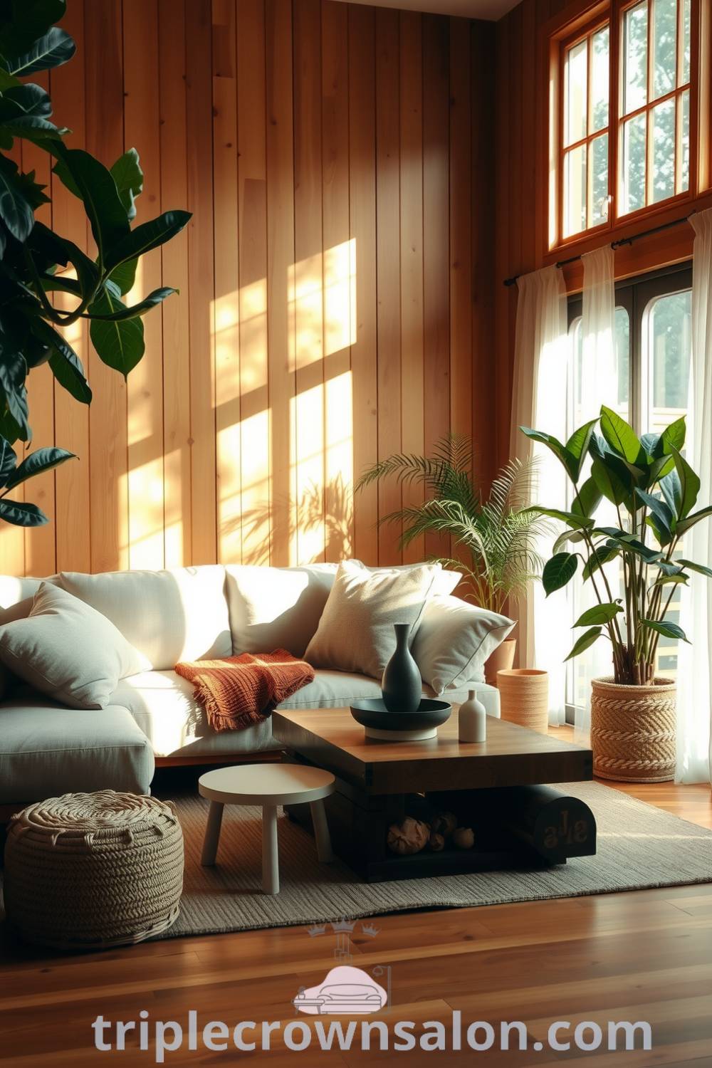 Cozy living room with natural wood paneling, handwoven sofa, earthy cushions, reclaimed wood coffee table, and lush potted plants, exemplifying cozy decor ideas and inspiring design trends for a tranquil home atmosphere, website triplecrownsalon.com.