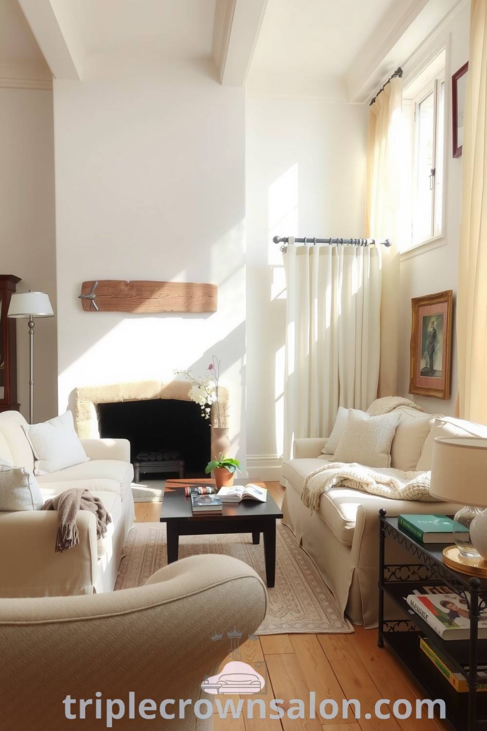 French living room featuring soft cream and beige hues, plush sofas with woolen throws, a stone fireplace, delicate lace curtains, and well-loved books on a nearby shelf, providing cozy ideas and decor inspirations for creating a comforting home environment at triplecrownsalon.com.