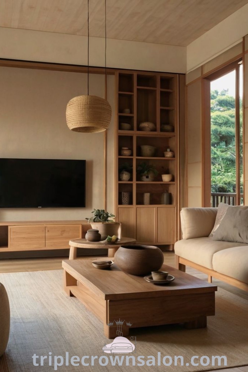 A Japandi living room featuring furniture and a flat-screen TV above a wooden coffee table, showcasing a cozy aesthetic with elegant decor ideas. This interior combines Asian modern and minimalist styles, creating an inspiring environment for your home. Discover more design ideas at triplecrownsalon.com.